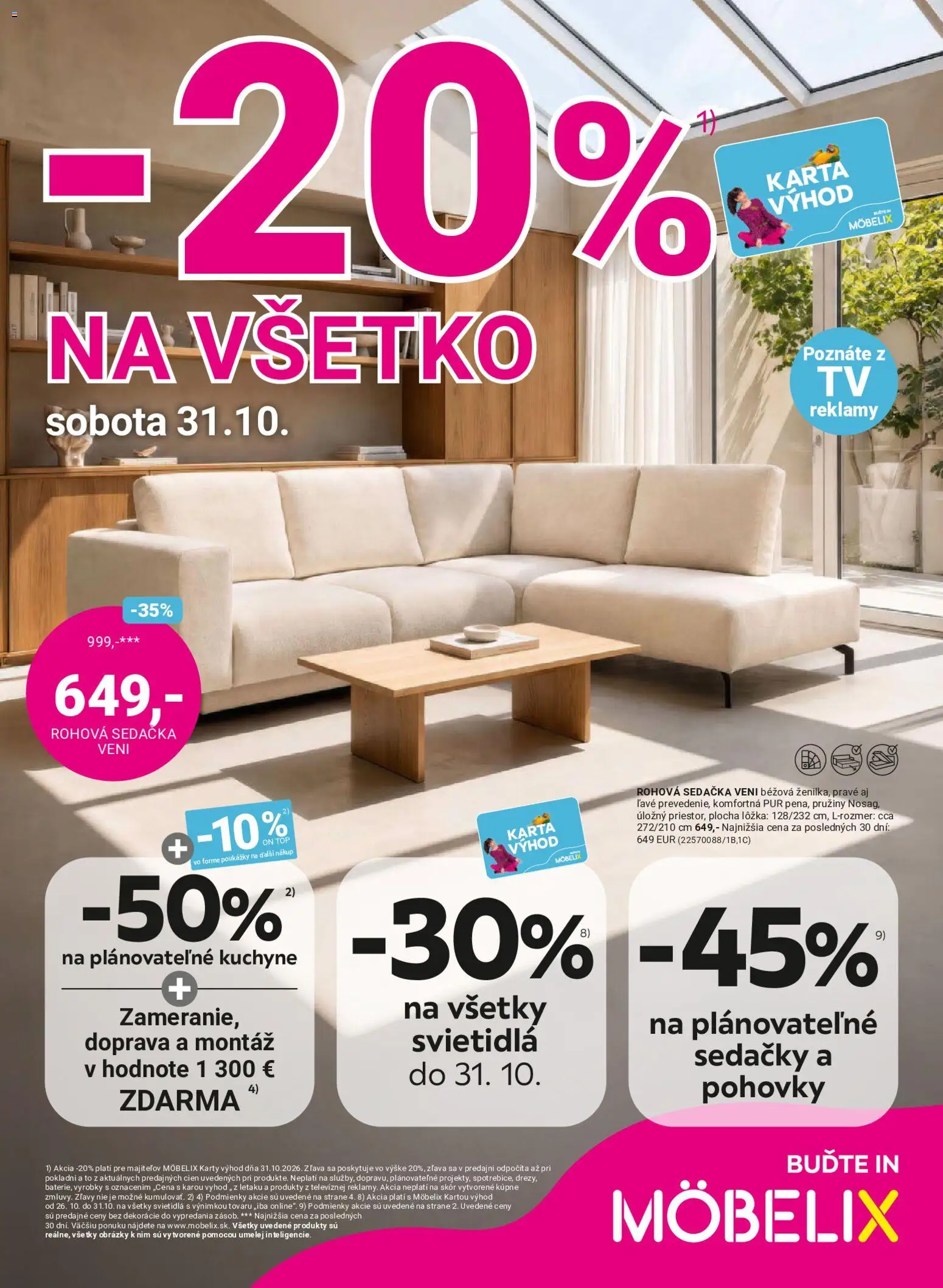 Nové Möbelix akcie – leták je platný od 26.10.2026 | Strana: 1 | Produkty: Sedačky, Rohová sedačka, Sedačka, Svietidlá