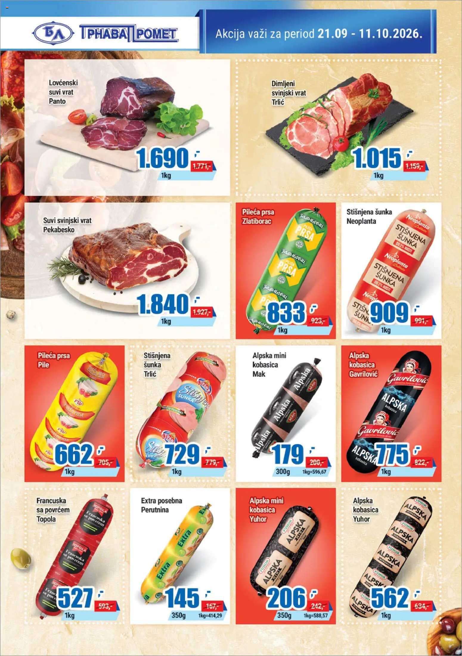 Trnava Promet katalog - važi od 21.09.2026 | Strana: 2 | Proizvode: Suvi vrat, Vrat, Šunka, Kobasica