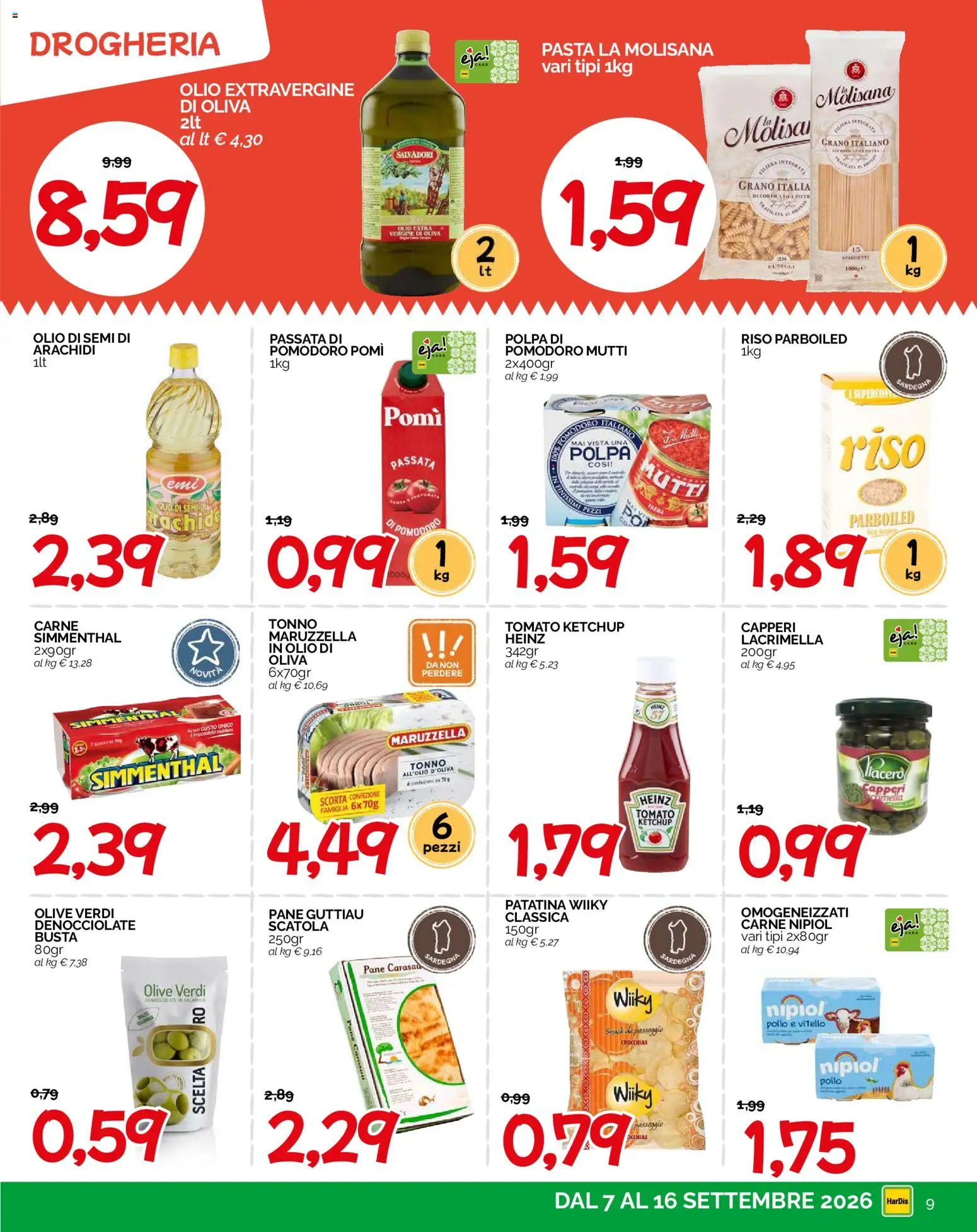 Volantino HarDis del 07/09/2026 | Pagina: 9 | Prodotti: Pane, Passata di pomodoro, Spaghetti, Scatola