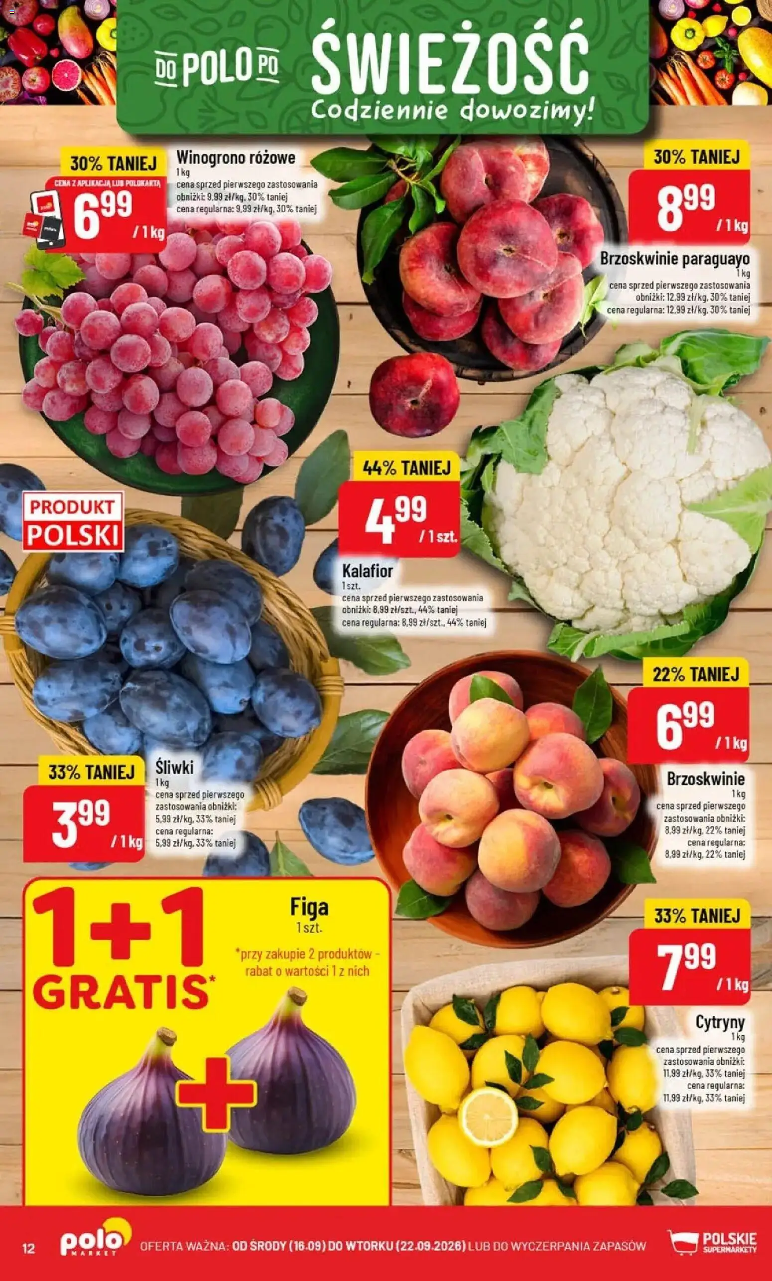 Nowa POLOmarket gazetka od jutra 16.09.2026 | Strona: 12 | Produkty: Kalafior, Winogrono, Cytryny, Śliwki