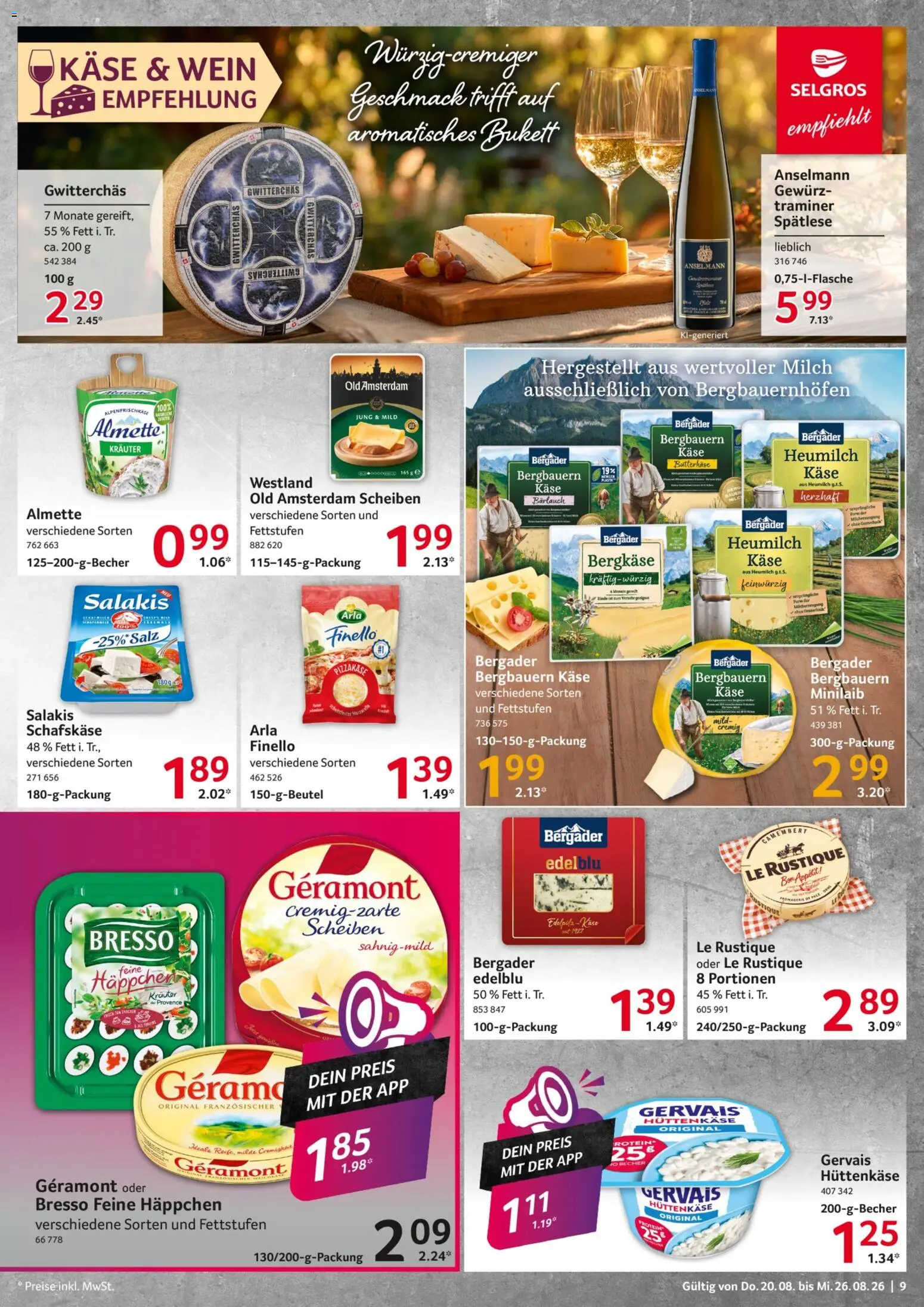 Selgros Prospekt – gültig ab 20.08.2026 | Seite: 9 | Produkte: Geramont, Camembert, Wein, Hüttenkäse