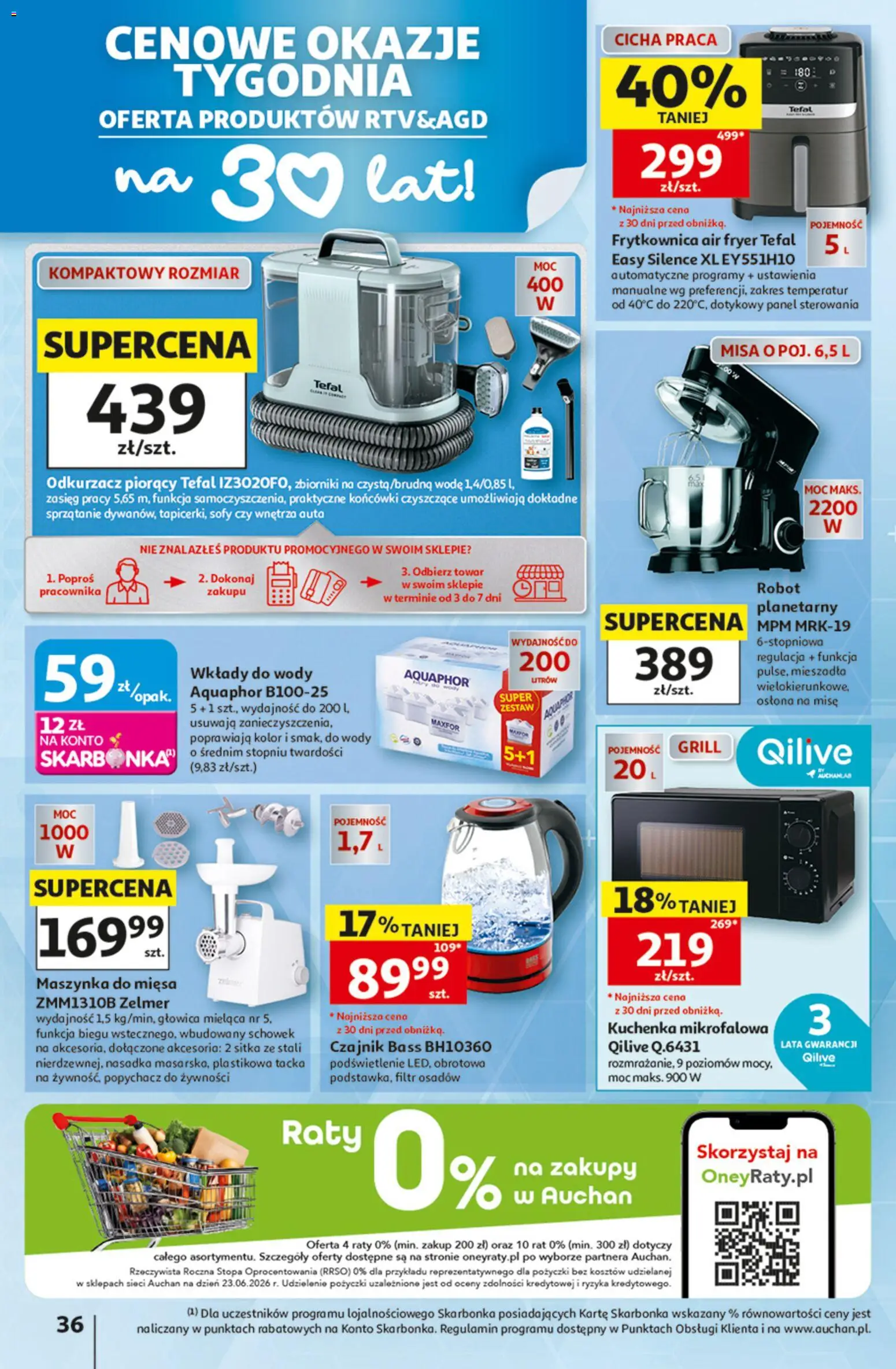 Auchan gazetka - 30 Lat Hipermarket od 06.08.2026 | Strona: 36 | Produkty: Kuchenka mikrofalowa, Grill, Czajnik, Tefal