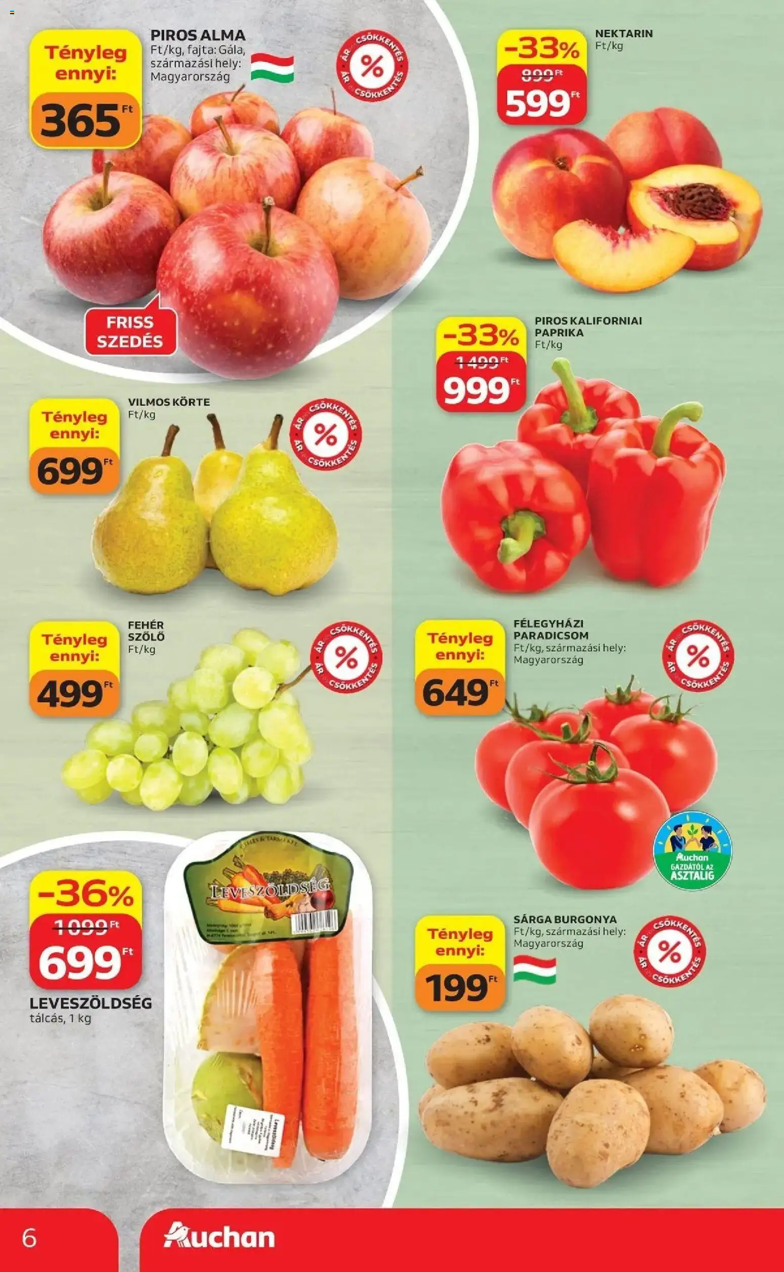 Auchan akciós újság Szolnok - 2026.09.17. -tól/töl > akció, lapozható szórólap 🛍️ | Oldal: 6 | Termékek: Leveszöldség, Paprika, Fehér szőlő, Paradicsom