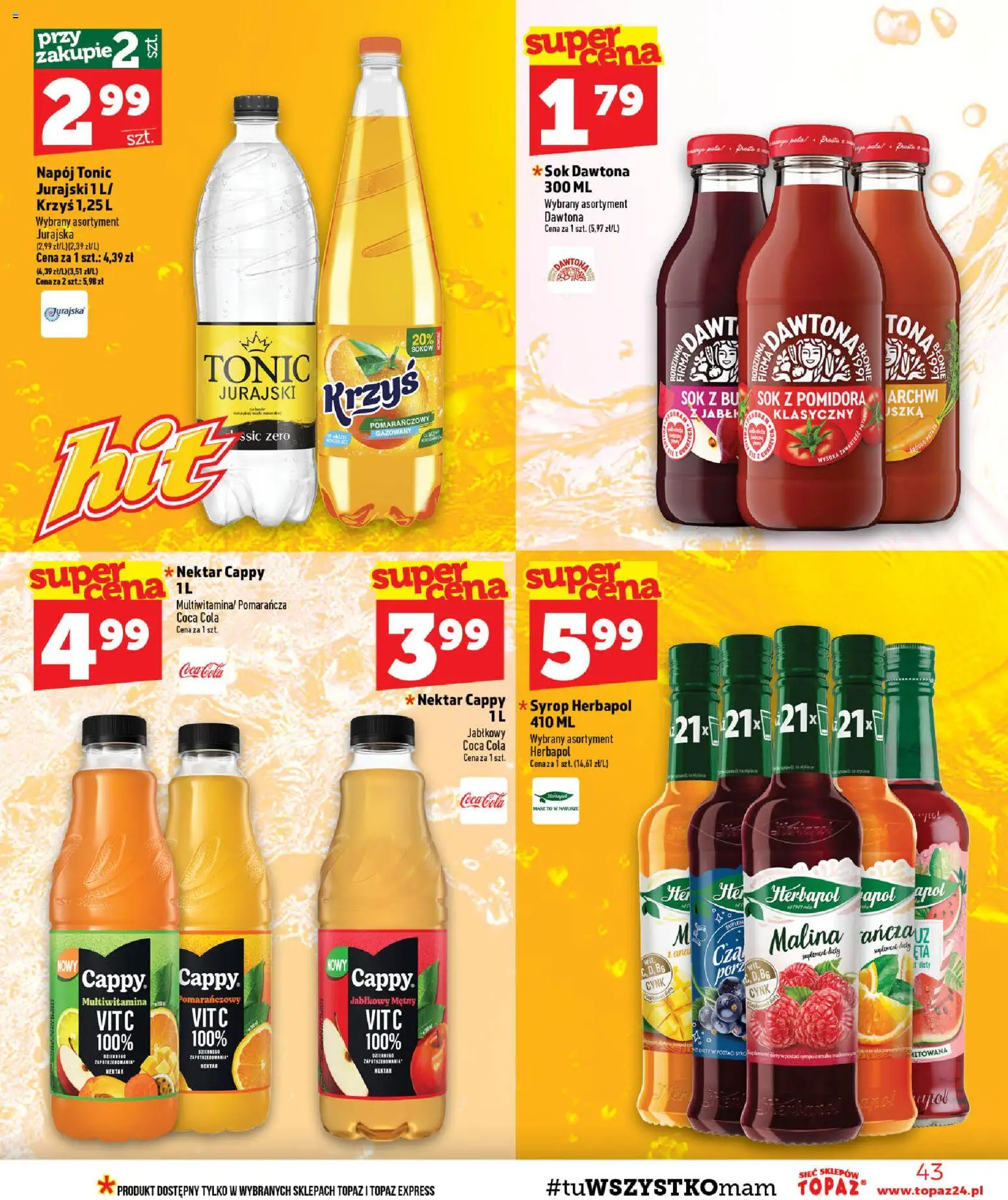 Topaz gazetka od 13.08.2026 | Strona: 43 | Produkty: Syrop, Coca cola, Tonic, Sok