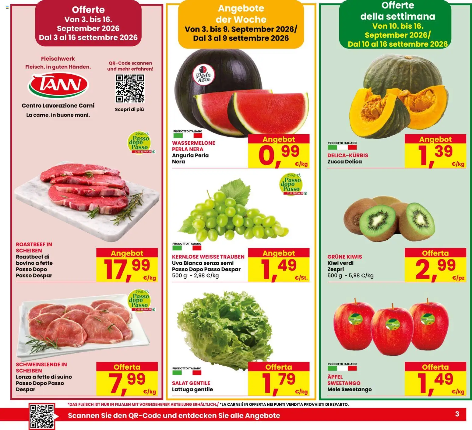 Volantino Despar del 03/09/2026 | Pagina: 3 | Prodotti: Kiwi, Zucca, Uva, Carne