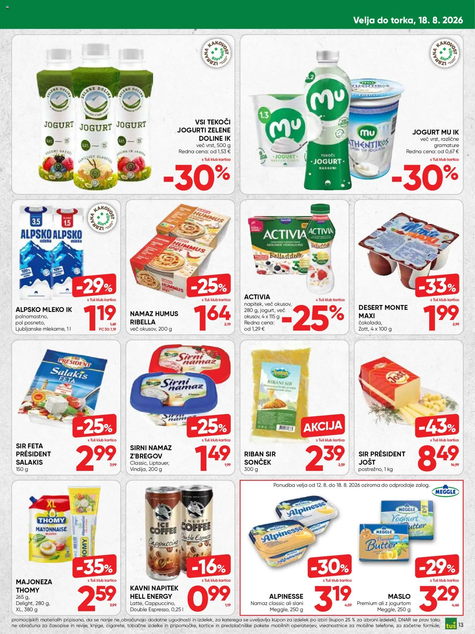 Novi Tuš katalog ponudbe – veljaven od 05.08.2026 | Stran: 13 | Izdelki: Namaz, Maslo, Sir, Jogurt