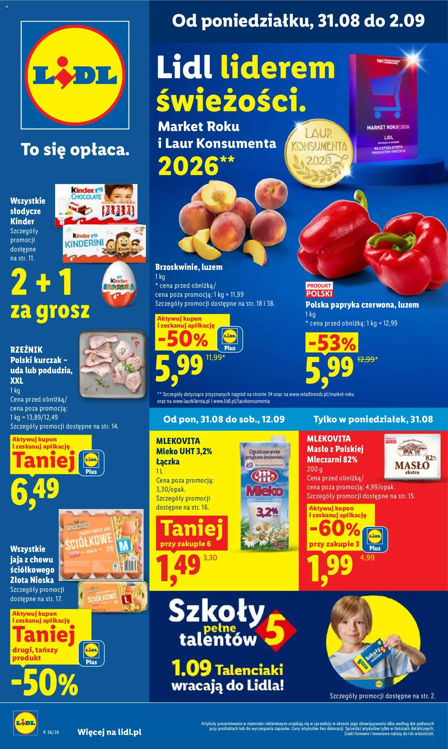 Lidl Polsko leták od 31.08.2026 | Strana: 1 | Produkty: Mléko, Máslo, Kinder