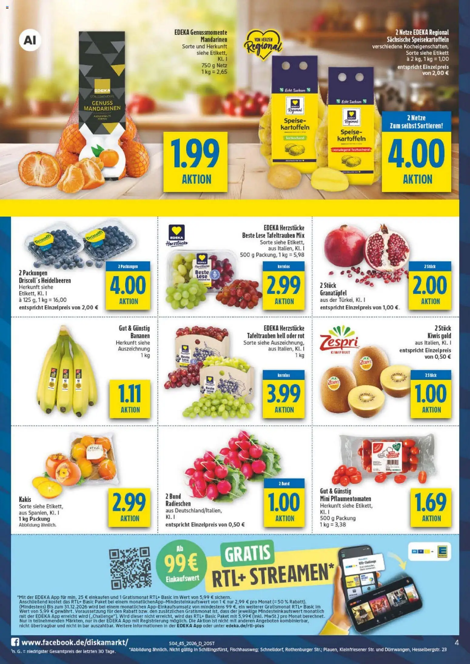 Diska Prospekt – gültig ab 02.11.2026 | Seite: 4 | Produkte: Granatapfel, Bananen, Mandarinen, Heidelbeeren