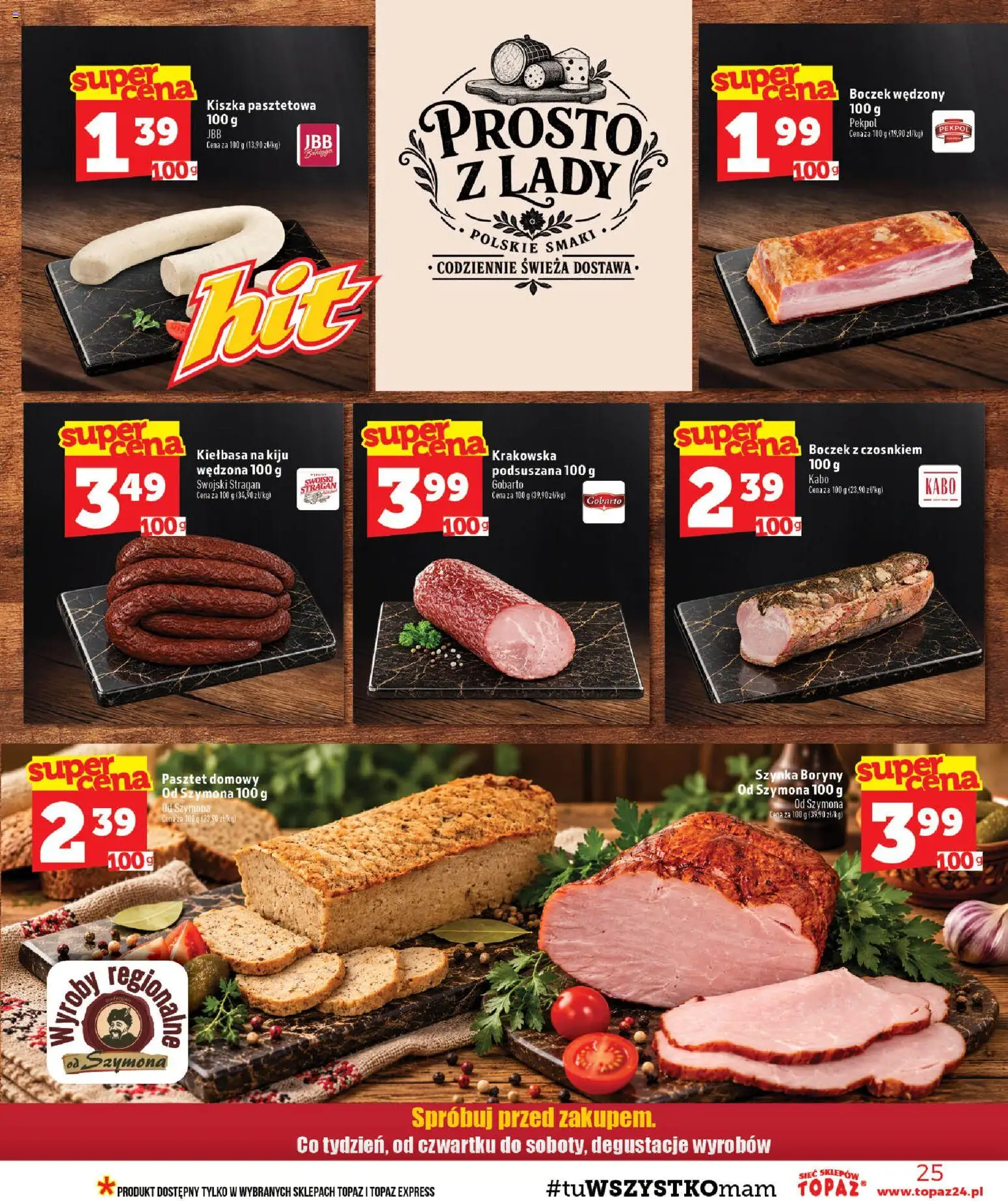 Topaz gazetka - MAZ od 29.10.2026 | Strona: 25 | Produkty: Kiełbasa, Pasztet, Boczek wędzony, Boczek