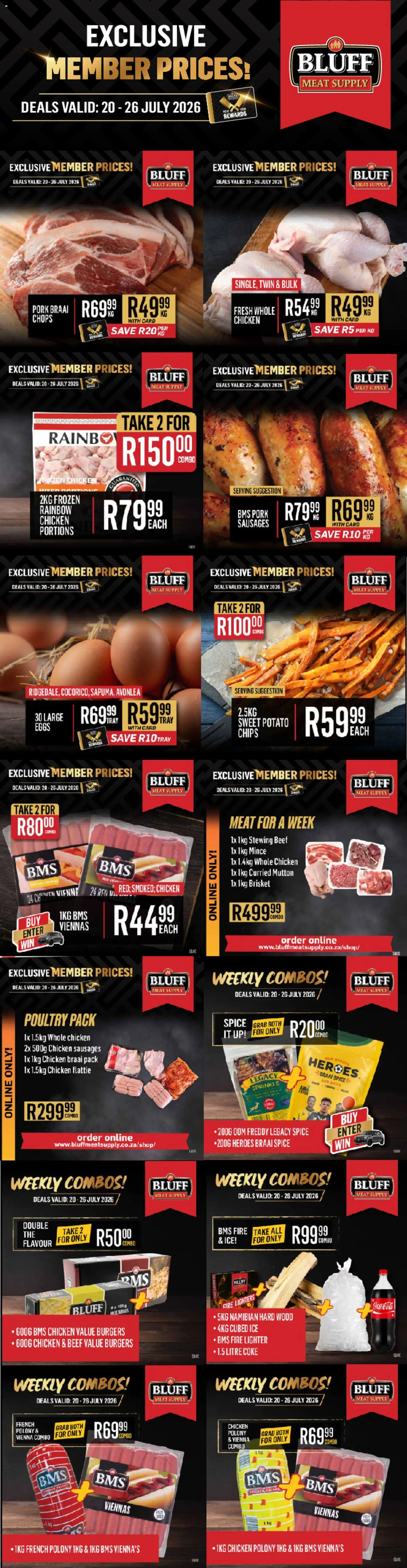 New Bluff Meat Supply catalogue – valid from 20/07/2026 | Page: 1 | Products: Tray, Fryer, Limpiador íntimo, Chips
