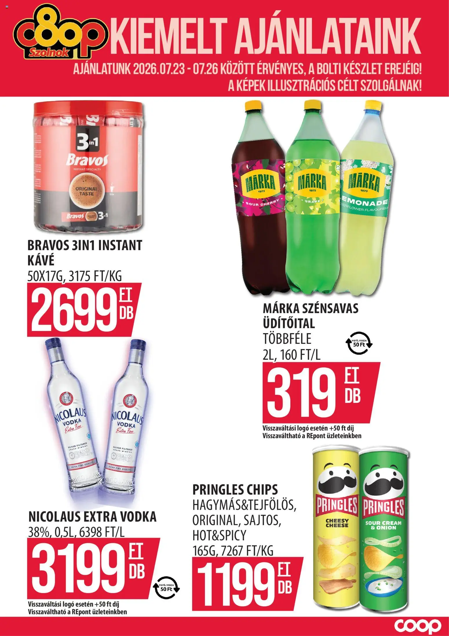 COOP Szolnok akciós ujság - amely érvényes a következő dátumtól: 2026.07.23. | Oldal: 1 | Termékek: Pringles, Kávé, Vodka, Instant kávé