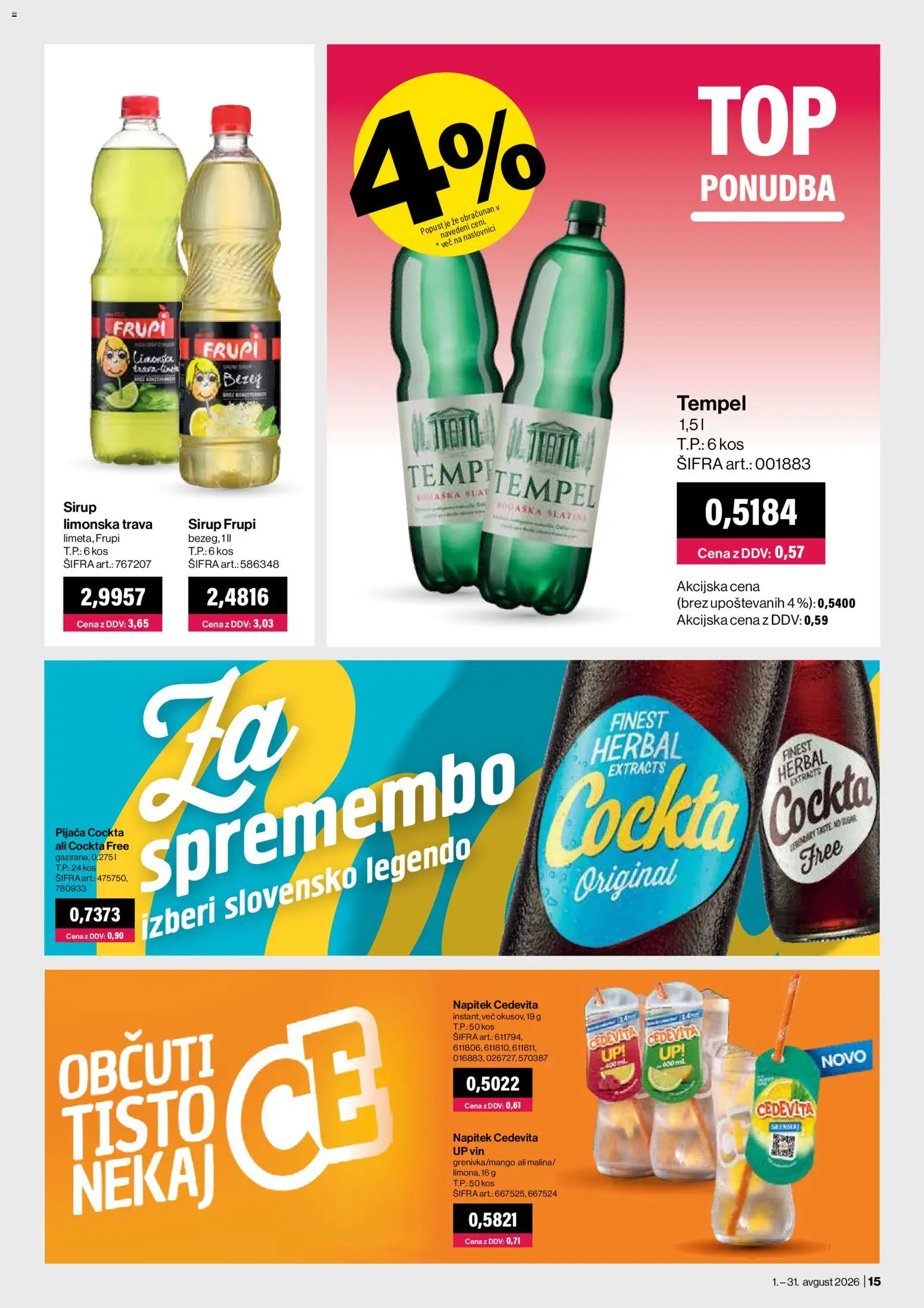 Novi Mercator katalog ponudbe – veljaven od 01.08.2026 | Stran: 15 | Izdelki: Sirup, Kos