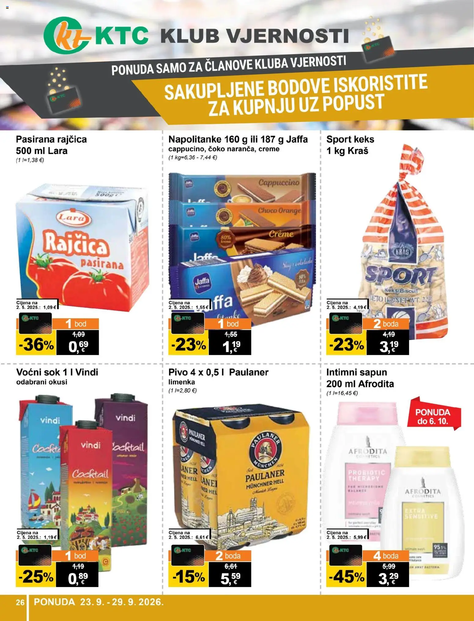 KTC katalog | vrijedi od 23.09.2026 | Stranica: 26 | Proizvodi: Pasirana rajčica, Sapun, Sok, Pivo