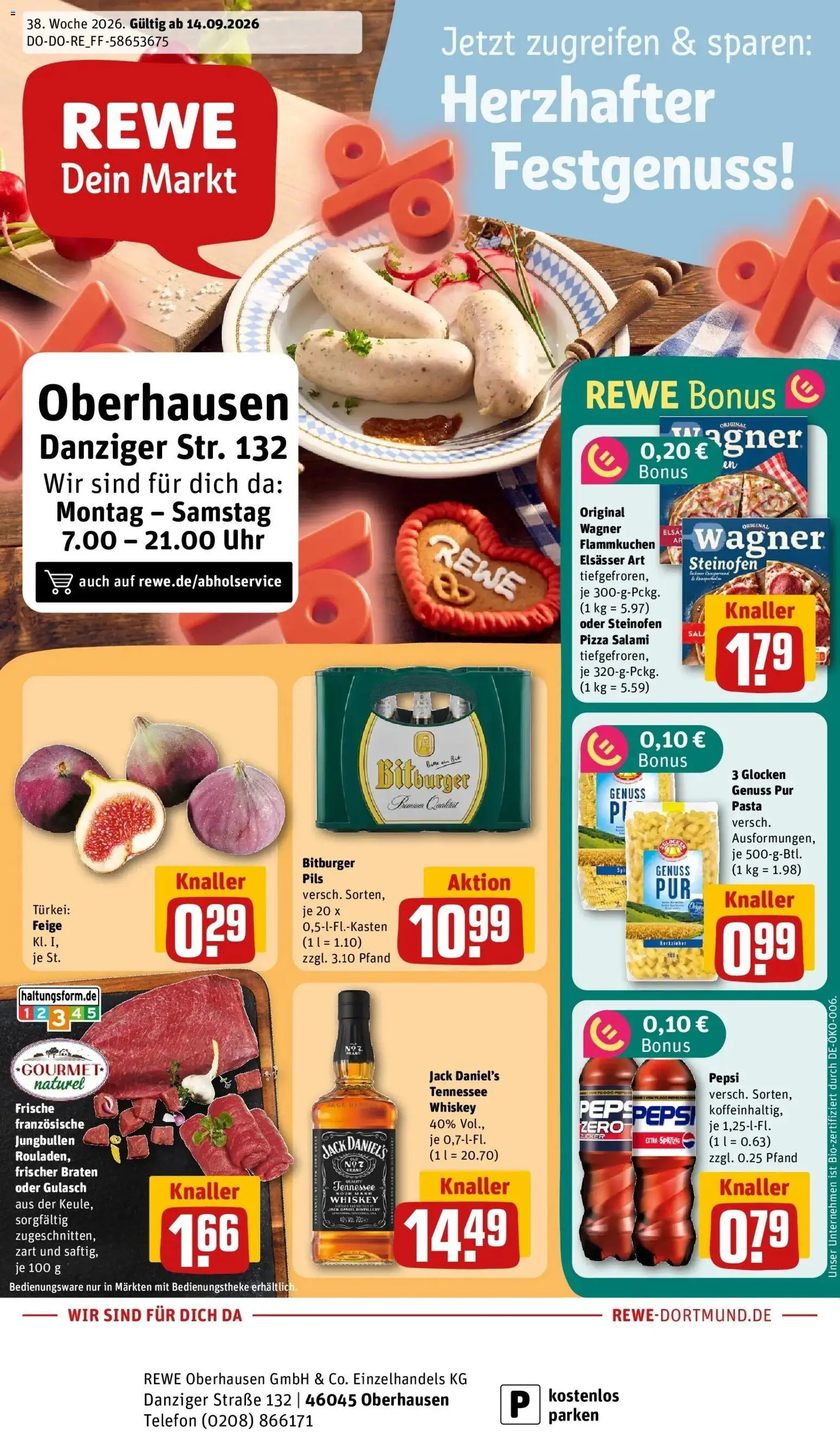 REWE Prospekt ab 14.09.2026 zum Blättern » Angebote | Seite: 1 | Produkte: Gulasch, Pepsi, Salami, Uhr