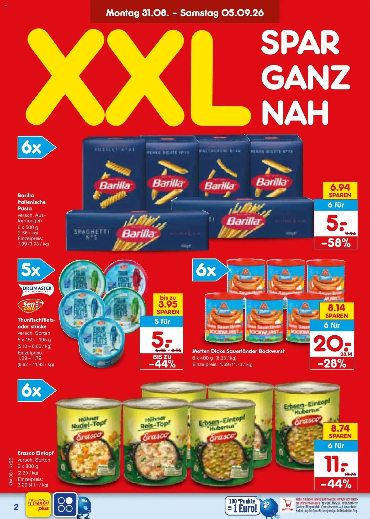 Netto Marken-Discount Prospekt Jüchen – gültig ab 31.08.2026 | Seite: 4 | Produkte: Bockwurst, Dicke sauerlander bockwurst, Barilla, Spaghetti