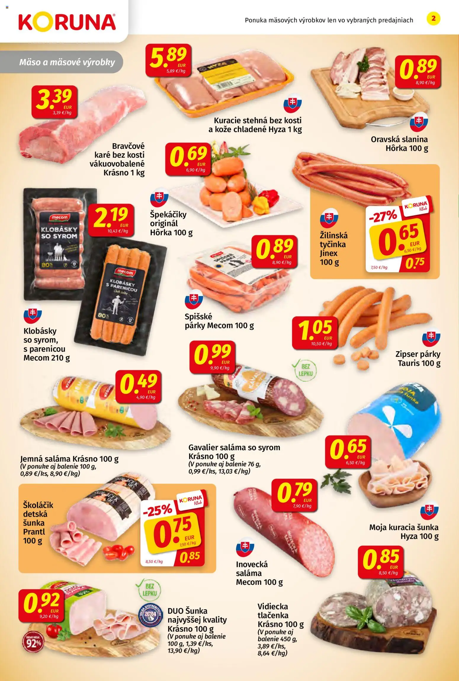 Nové Koruna akcie – leták je platný od 14.08.2026 | Strana: 2 | Produkty: Mäso, Kuracie stehná, Tlačenka, Párky