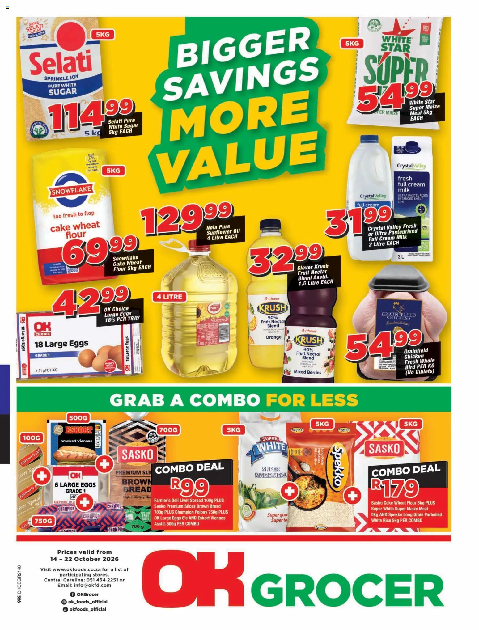 New OK Foods catalogue – valid from 14/10/2026 | Page: 1 | Products: Maize meal, Milk, Bread, Cream