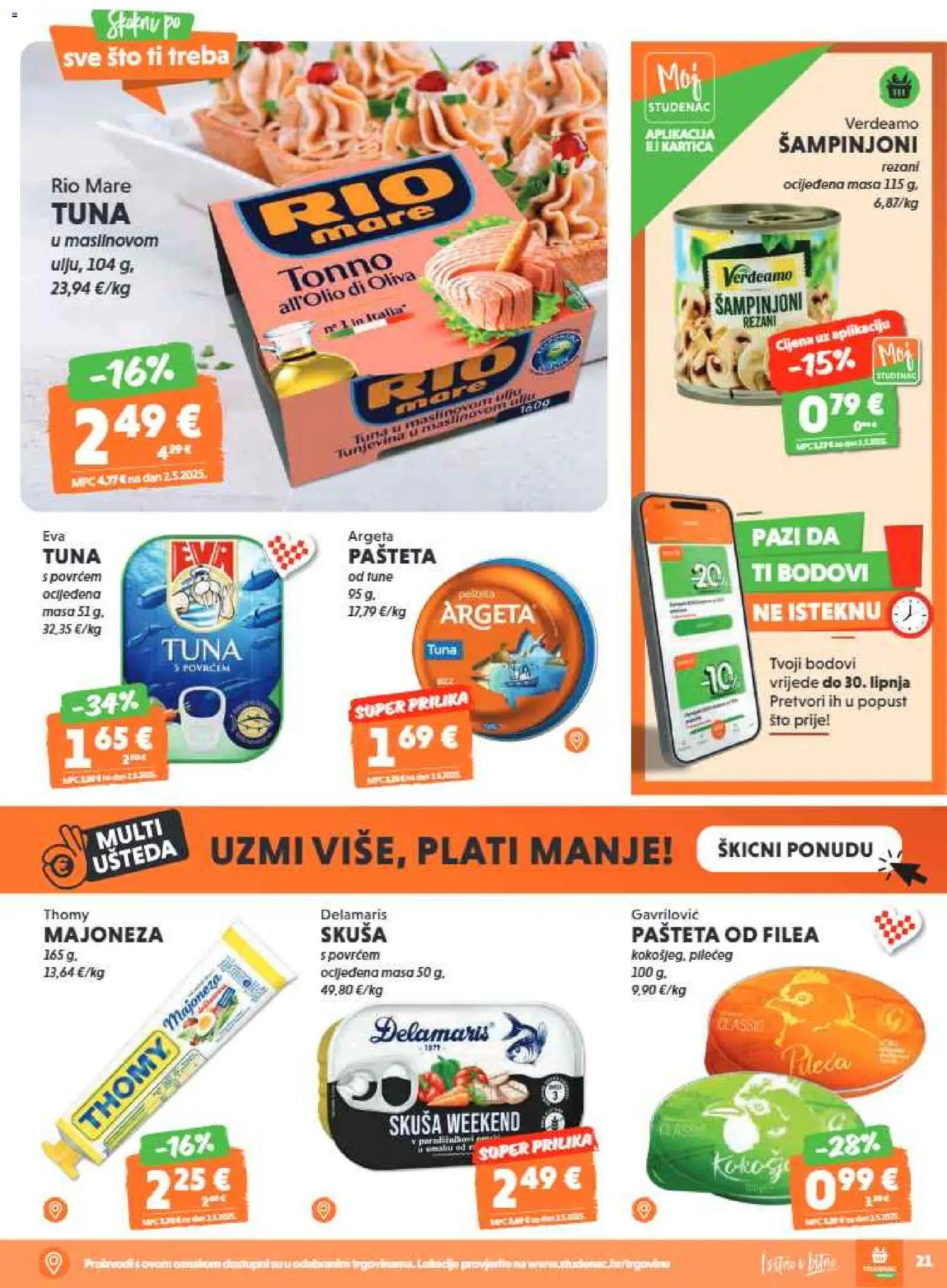 Studenac katalog | vrijedi od 10.06.2026 | Stranica: 21 | Proizvodi: Rio Mare, Šampinjoni, Pašteta, Majoneza