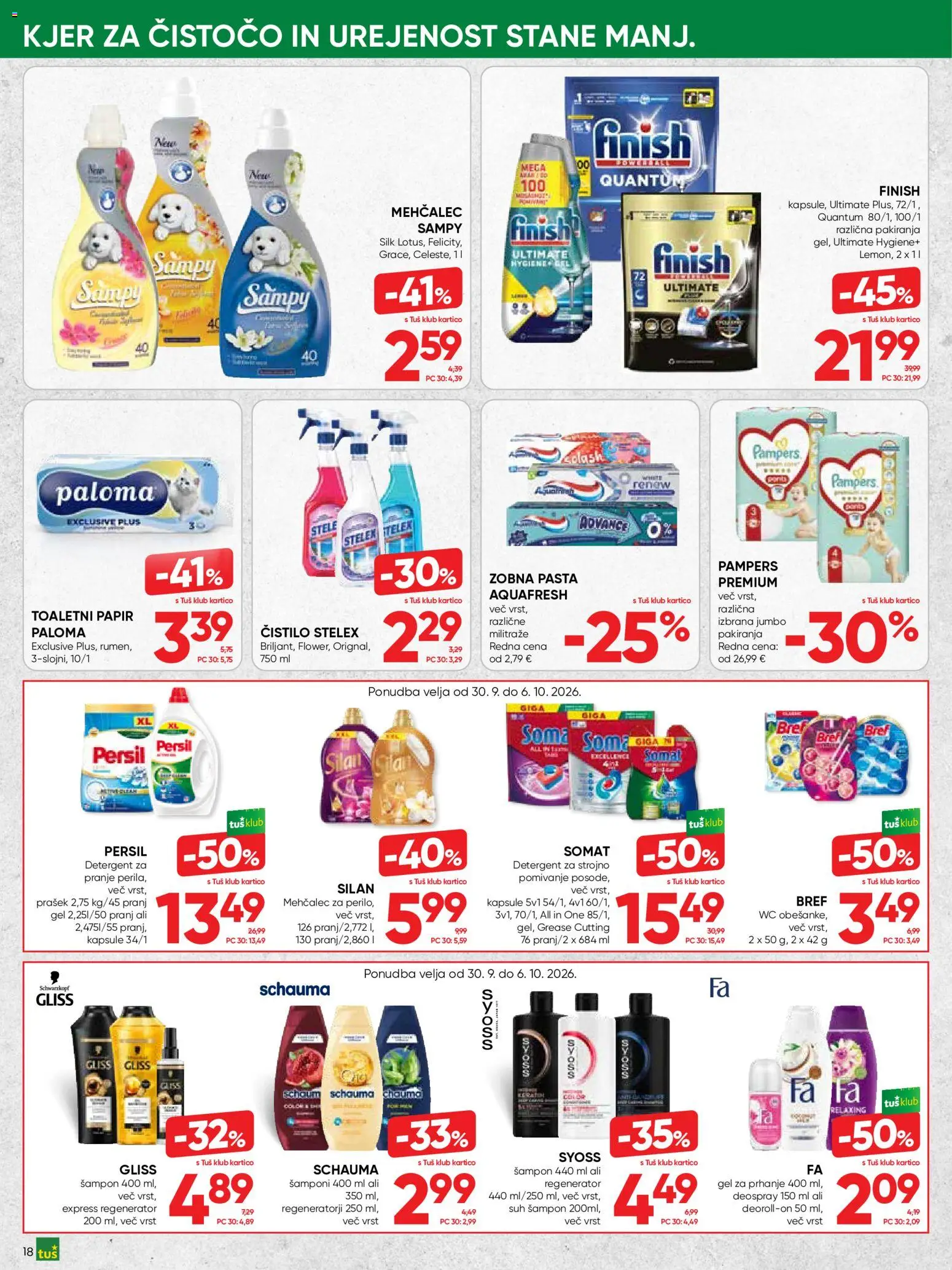Novi Tuš katalog ponudbe – veljaven od 30.09.2026 | Stran: 18 | Izdelki: Gel za prhanje, Mehčalec, Toaletni papir, Detergent