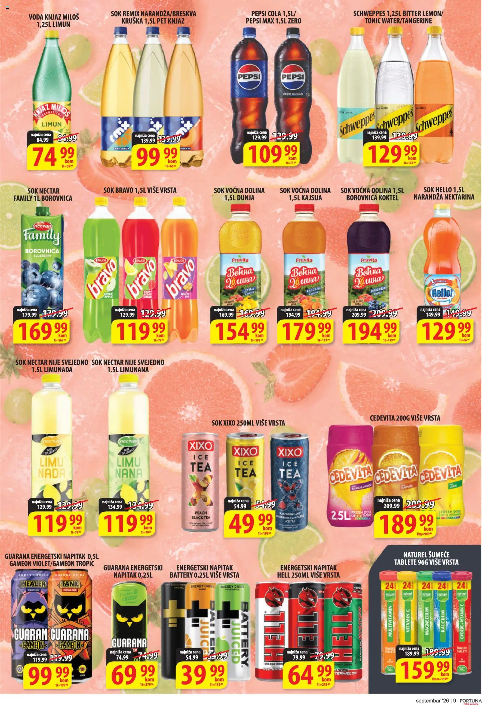 Fortuna Market katalog - važi od 11.09.2026 | Strana: 9 | Proizvode: Pepsi Zero, Cedevita, Fruvita, Guarana