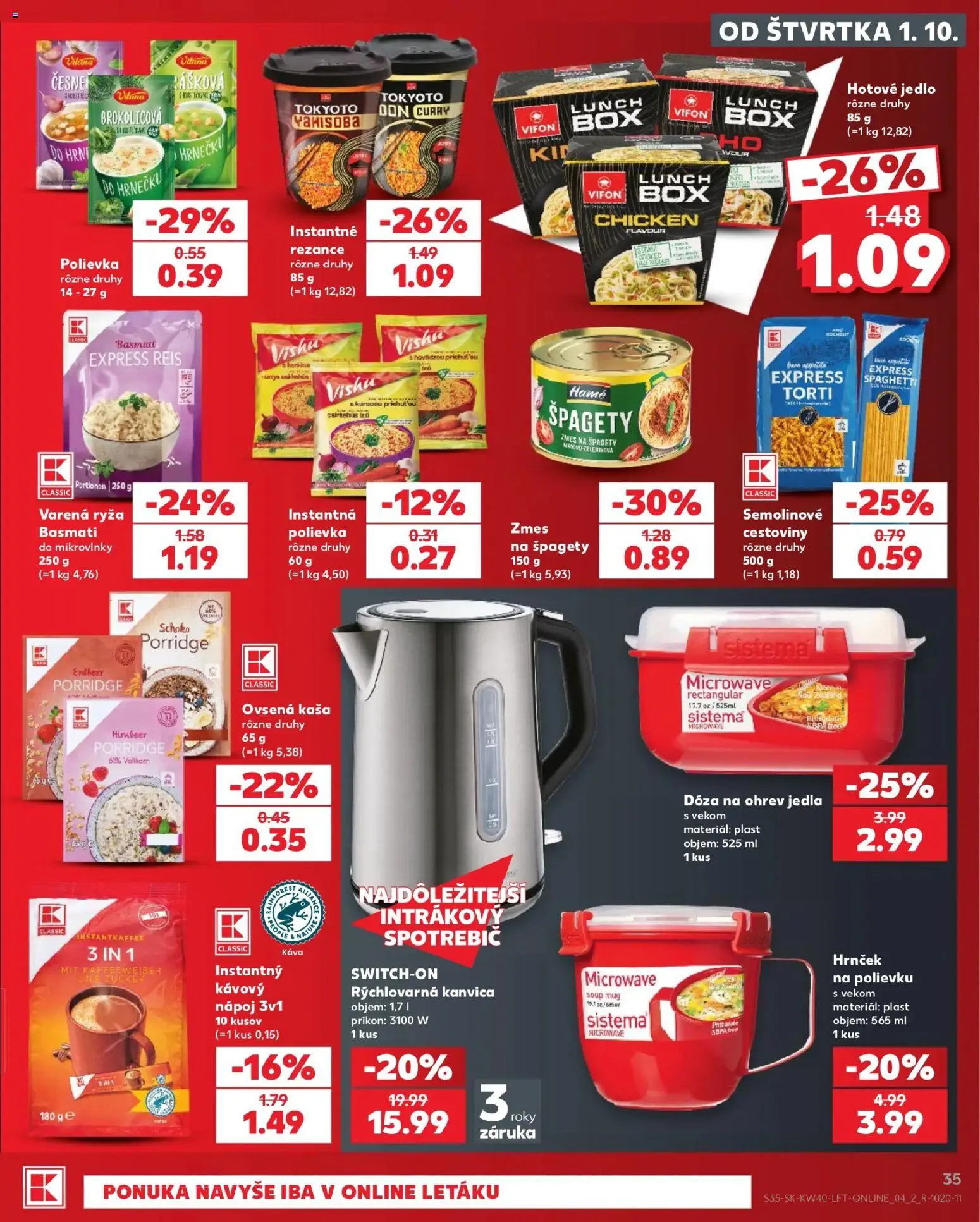 Nové Kaufland akcie – leták je platný od 01.10.2026 | Strana: 35 | Produkty: Rýchlovarná kanvica, Kanvica, Mikrovlnky, Ovsená kaša