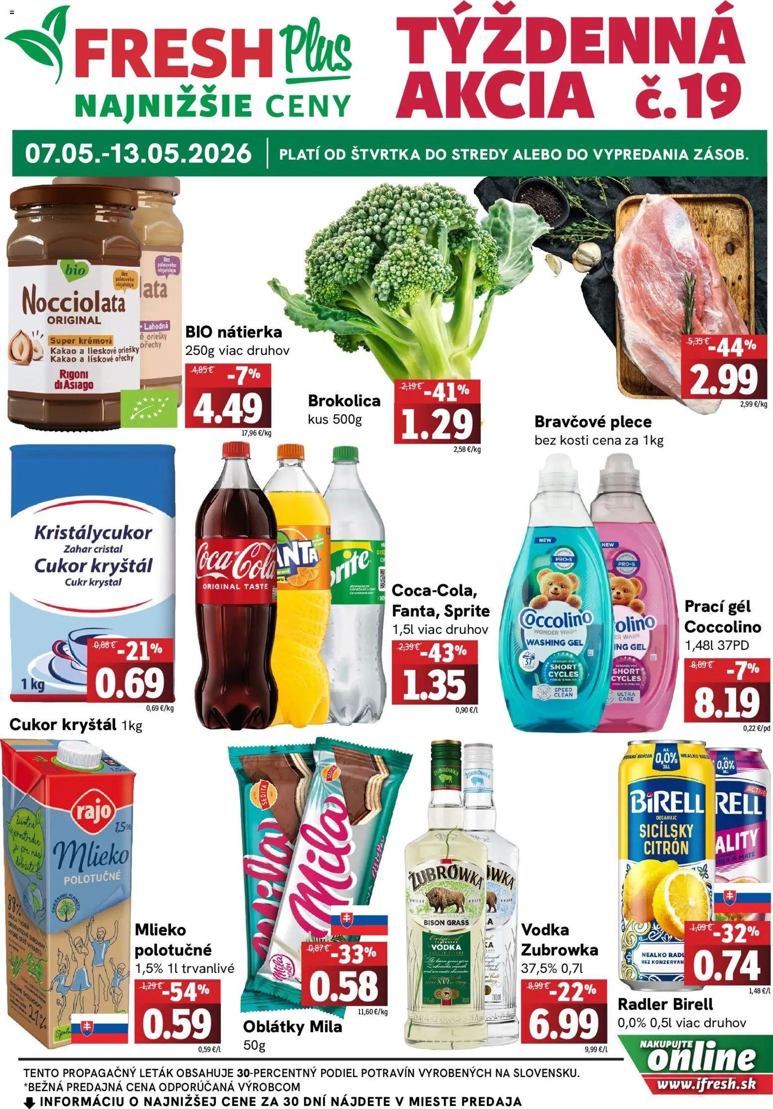 Nové Fresh akcie – leták je platný od 07.05.2026 | Strana: 1 | Produkty: Brokolica, Vodka, Coccolino, Kakao