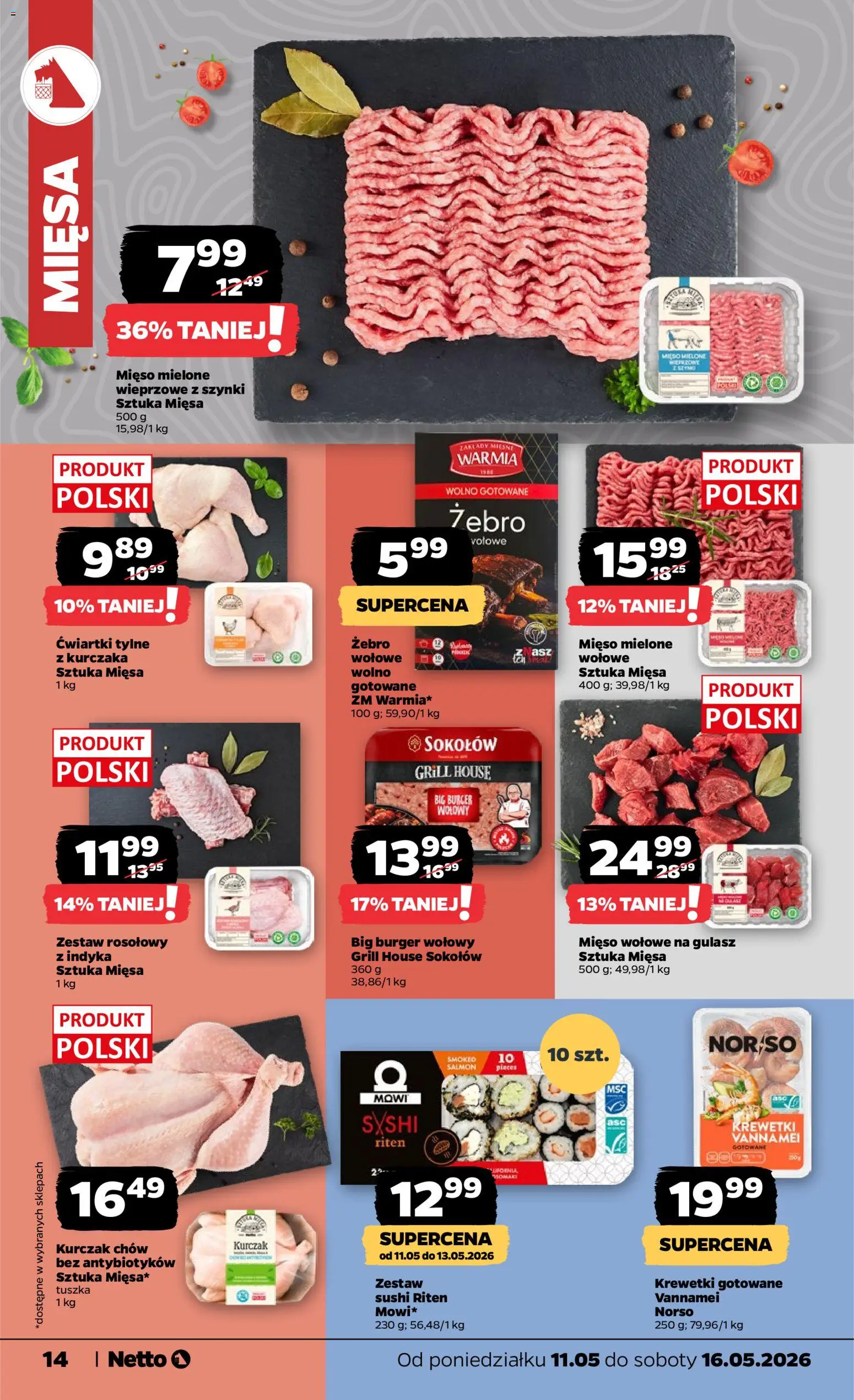 Netto gazetka od poniedziałku spożywcza od 11.05.2026 | Strona: 14 | Produkty: Burger wołowy, Kurczak, Wolno gotowane, Mięso mielone