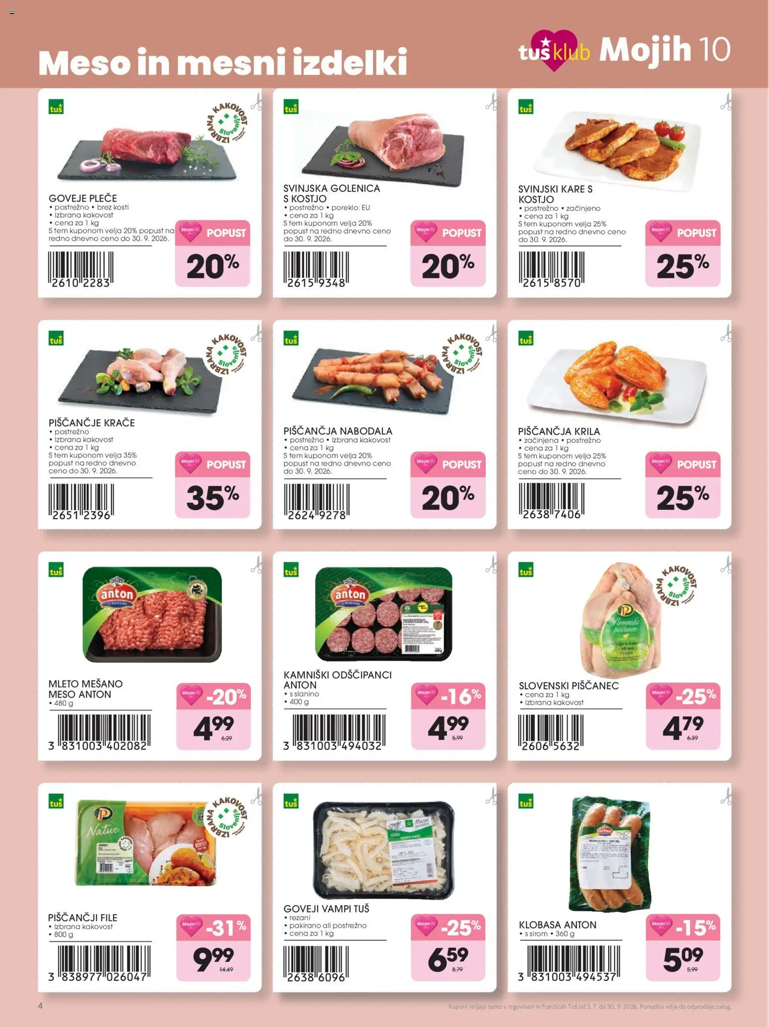 Novi Tuš katalog ponudbe – veljaven od 03.07.2026 | Stran: 4 | Izdelki: Piščančja krila, Nabodala, Svinjski kare