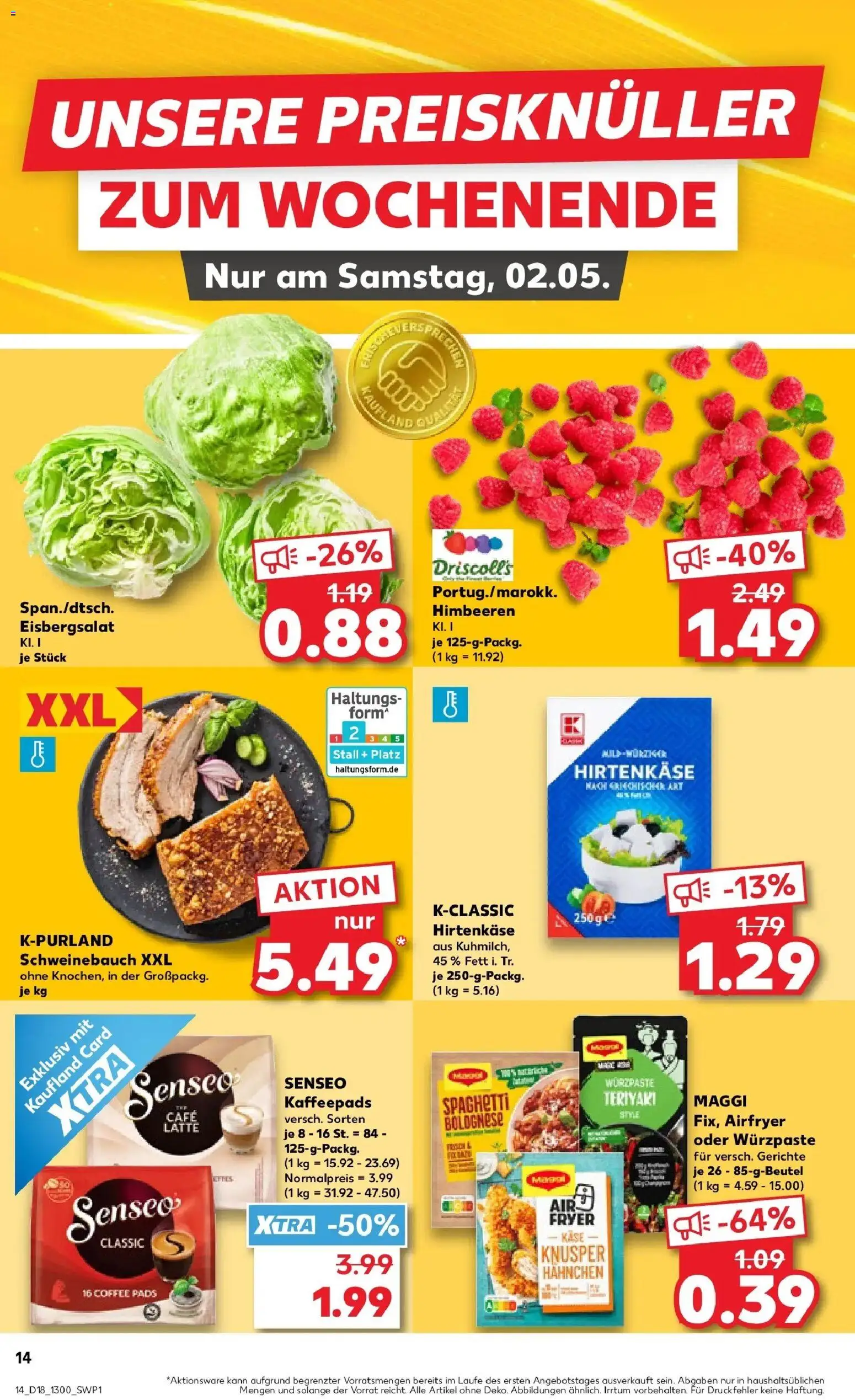Kaufland Prospekt Borken	 – gültig ab 30.04.2026 | Seite: 14 | Produkte: Feta, Schweinebauch, Eisbergsalat, Senseo kaffeepads