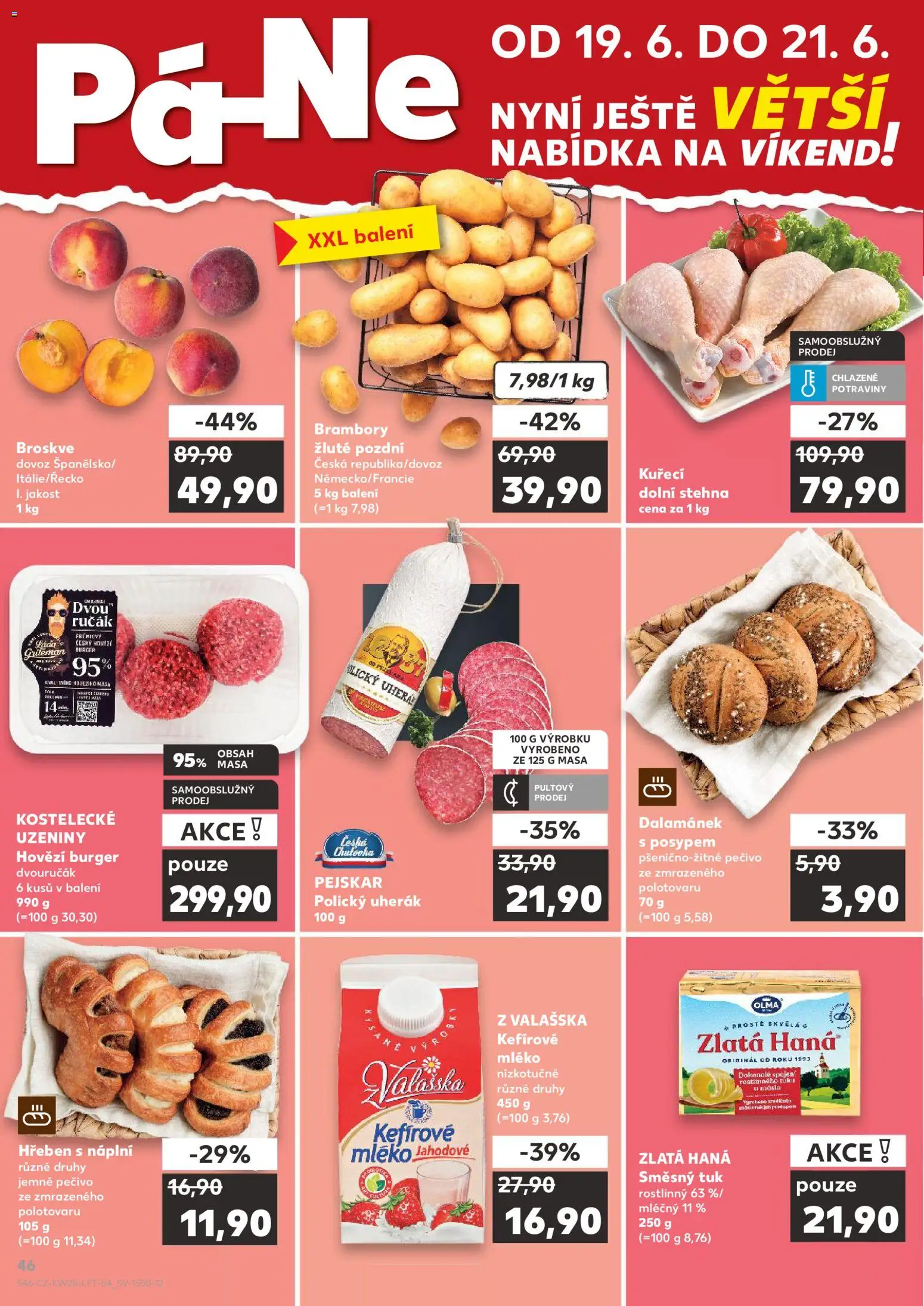 Kaufland leták - Brno od 17.06.2026 | Strana: 46 | Produkty: Broskve, Hovězí burger, Pečivo, Zlatá Hana