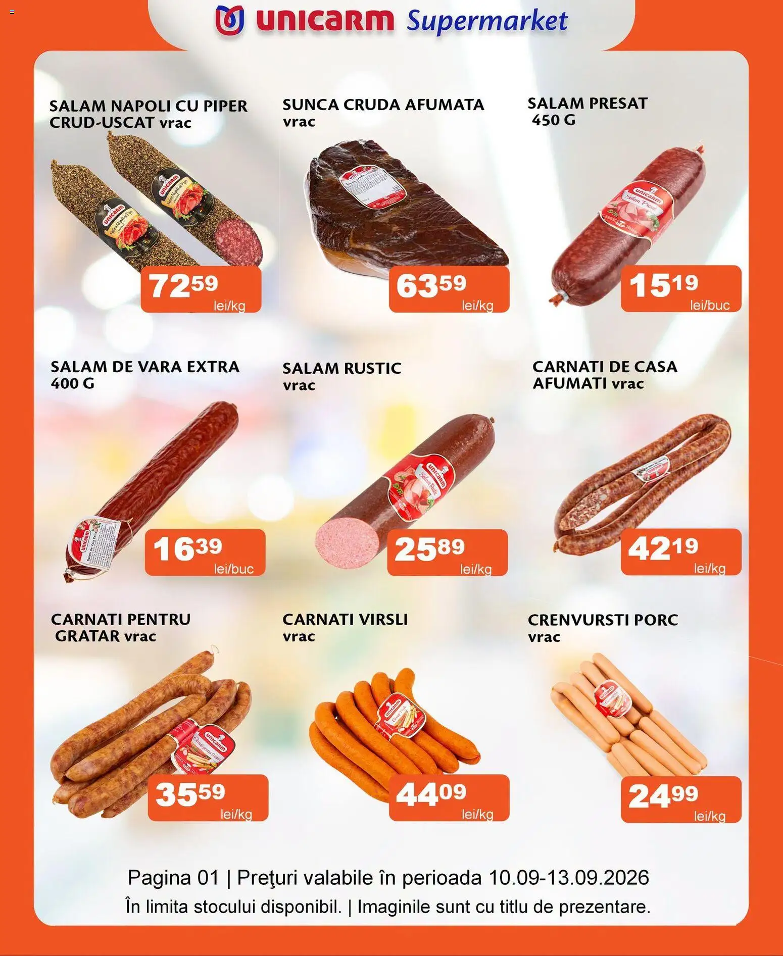 Noul catalog Unicarm – valabil de la 10.09.2026 | Pagină: 1 | Produse: Grătar, Salam, Șuncă, Cârnați