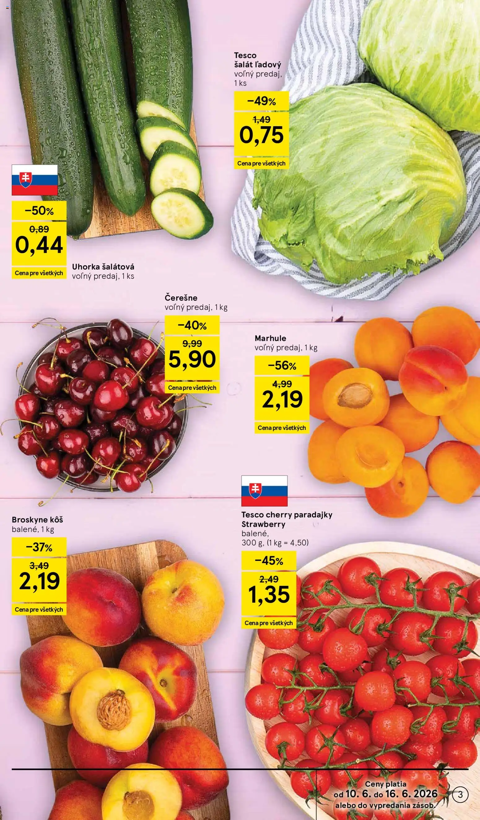 Nové Tesco akcie – leták je platný od 10.06.2026 | Strana: 3 | Produkty: Kôš, Čerešne, Marhule, Broskyne