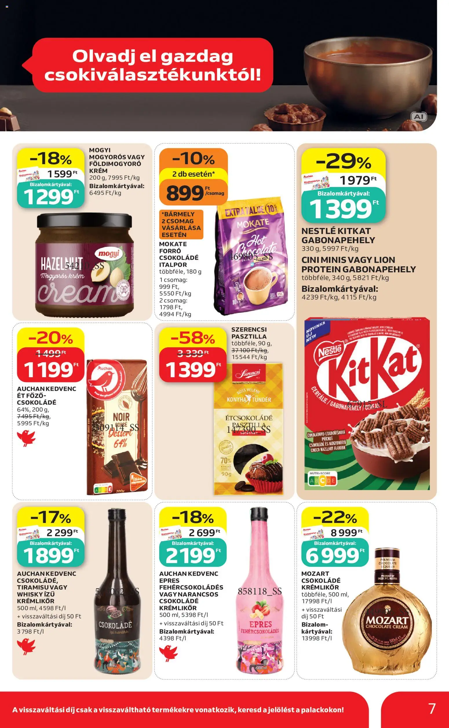 Auchan akciós ujság - amely érvényes a következő dátumtól: 2026.10.08. | Oldal: 7 | Termékek: Étcsokoládé, KitKat, Csokoládé, Whisky