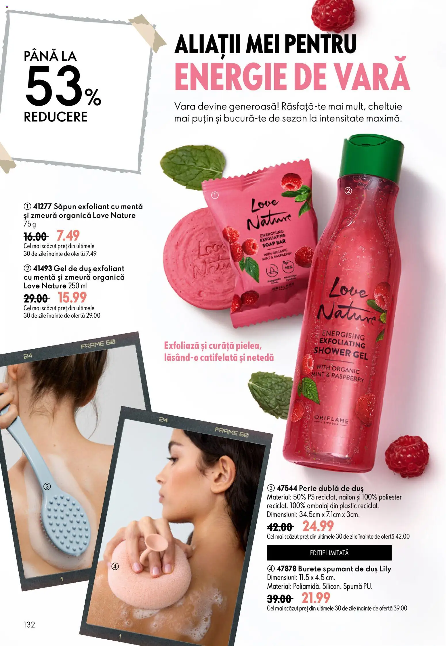Noul catalog Oriflame – valabil de la 08.07.2026 | Pagină: 132 | Produse: Zmeură, Exfoliant, Perie, Săpun