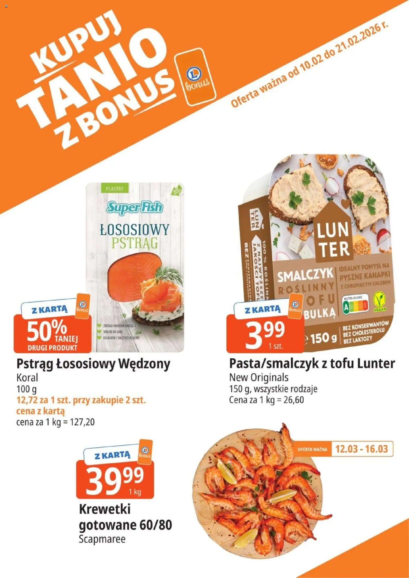 E.Leclerc gazetka - Kupony dodatkowe od 10.03.2026 | Strona: 7 | Produkty: Pstrąg, Bułka, Krewetki gotowane, Tofu