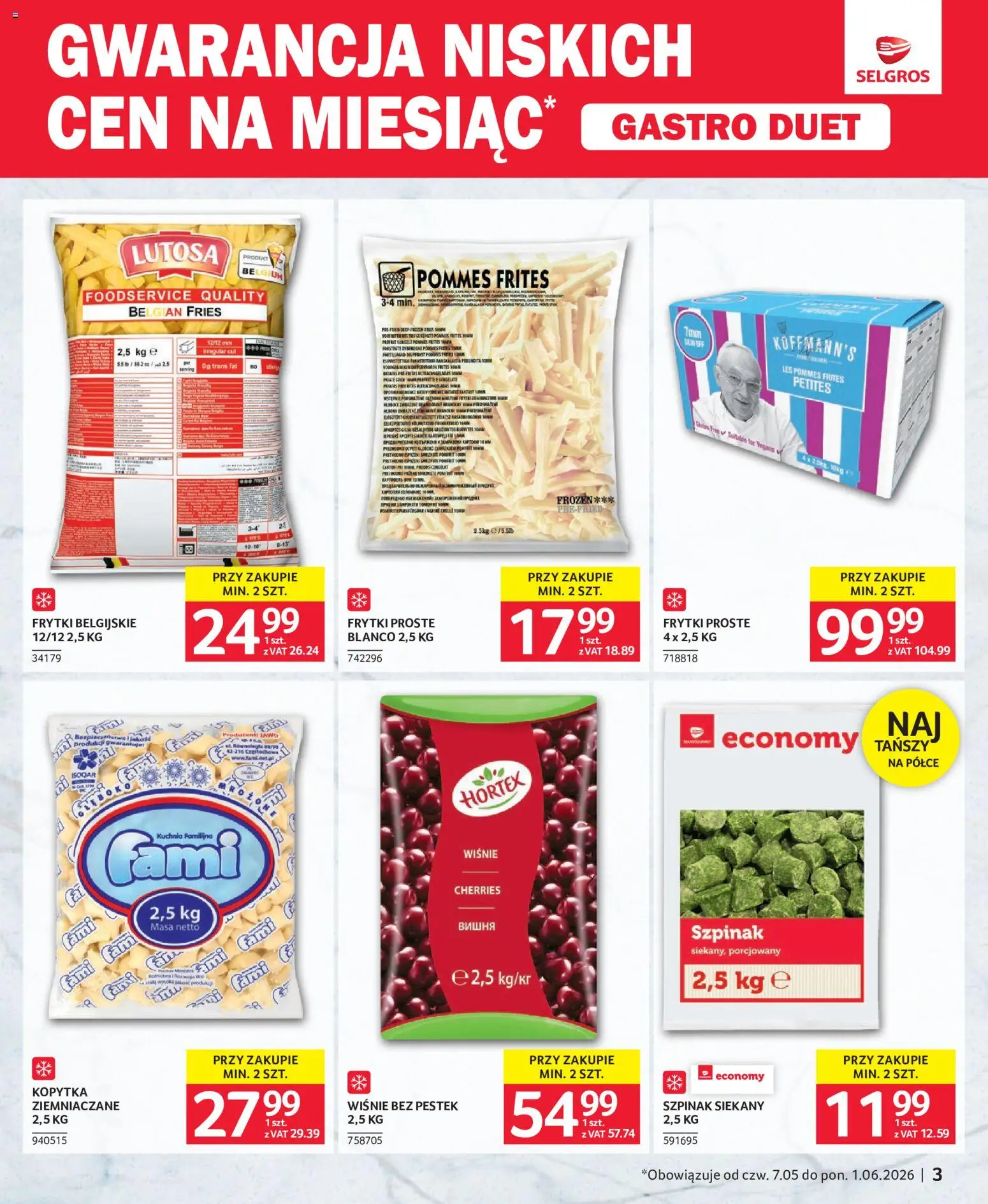 Selgros cash&carry gazetka - Gastro Duet od 21.05.2026 | Strona: 3 | Produkty: Szpinak, Wiśnie, Kopytka, Frytki