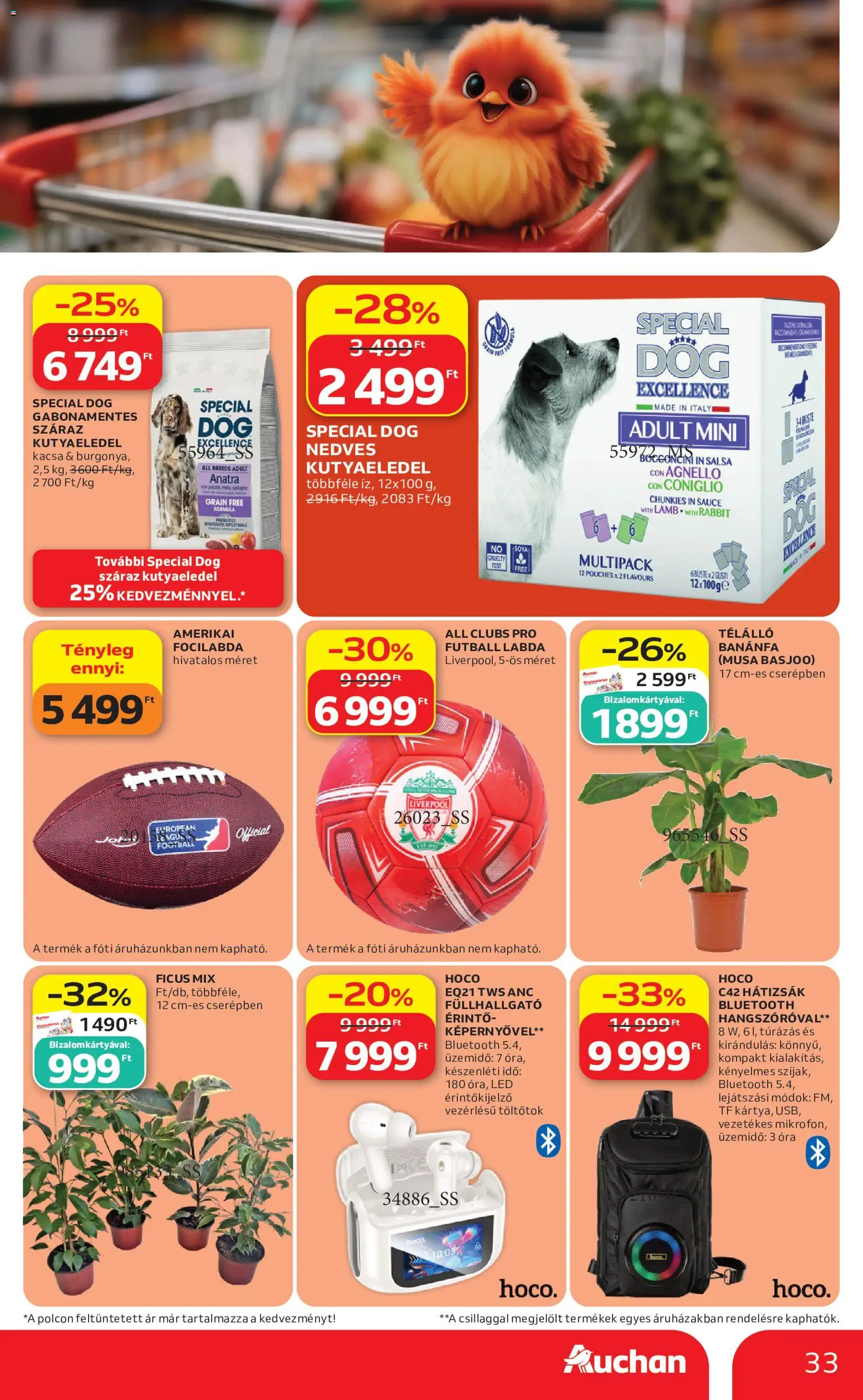 Auchan akciós ujság - amely érvényes a következő dátumtól: 2026.07.16. | Oldal: 33 | Termékek: Labda, Kutyaeledel, LED, Óra