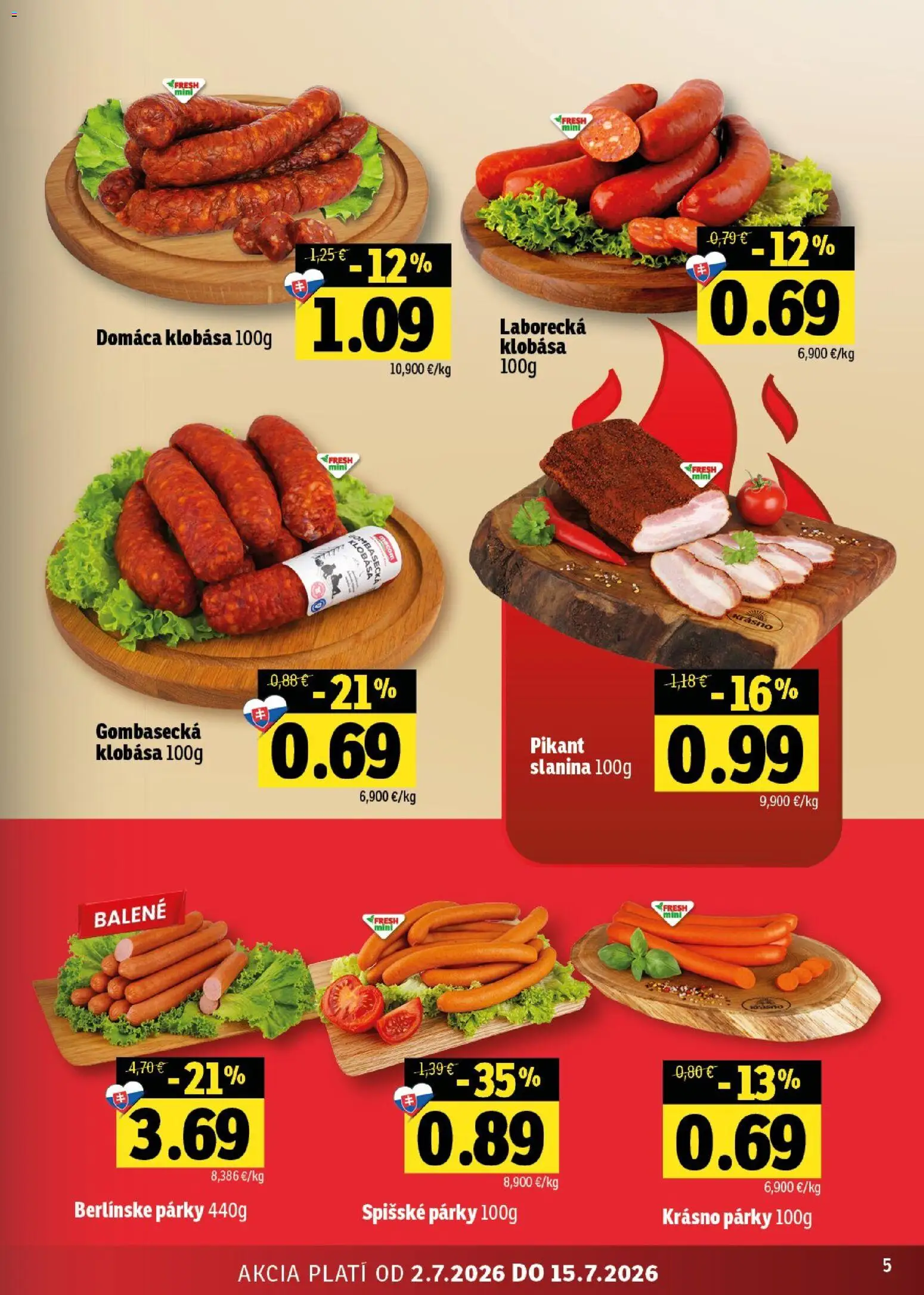 Nové Fresh akcie – leták je platný od 02.07.2026 | Strana: 5 | Produkty: Slanina, Klobása, Párky
