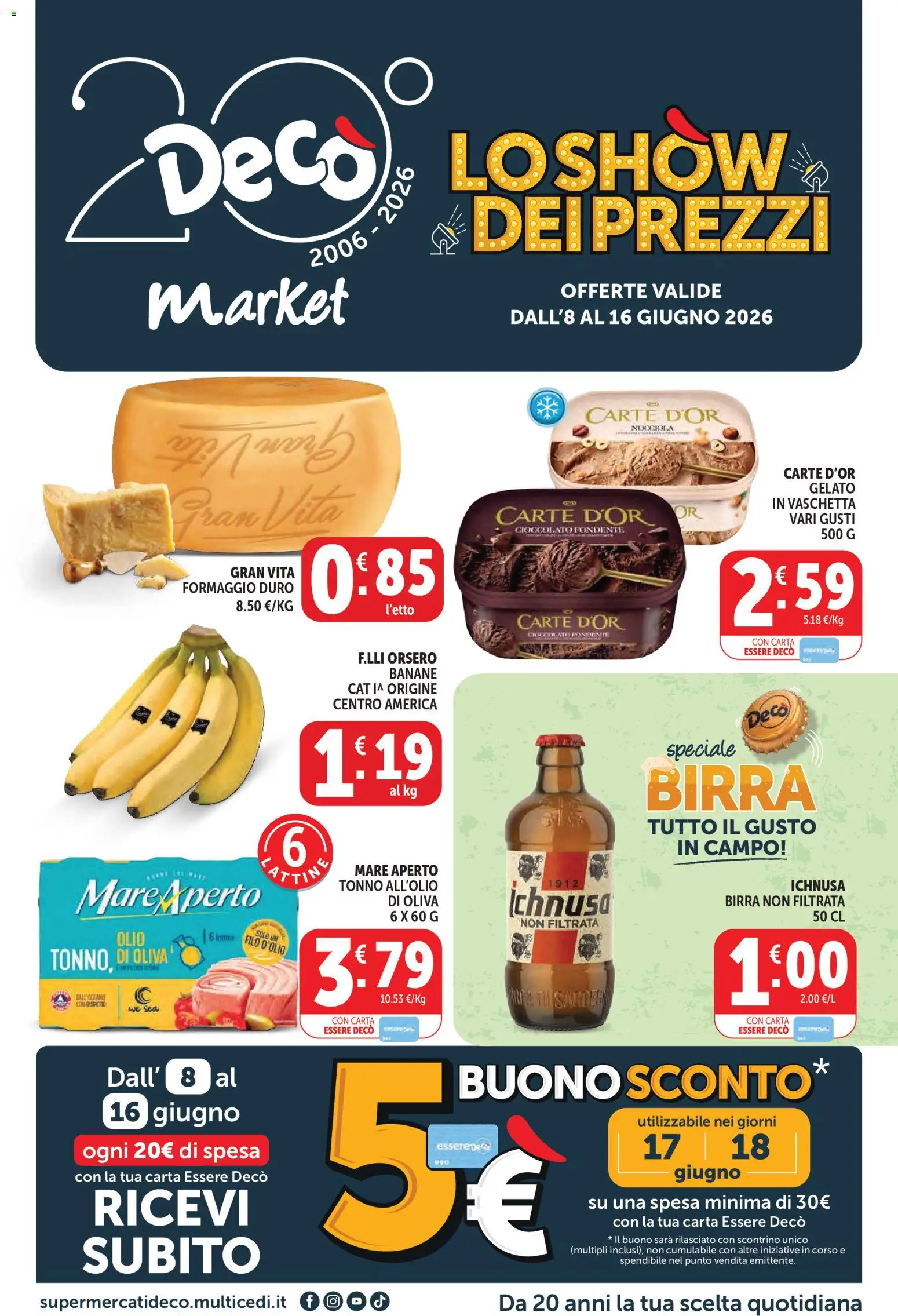 Volantino Decò del 08.06.2026 | Pagina: 1 | Prodotti: Cioccolato, Gelato, Formaggio, Tonno