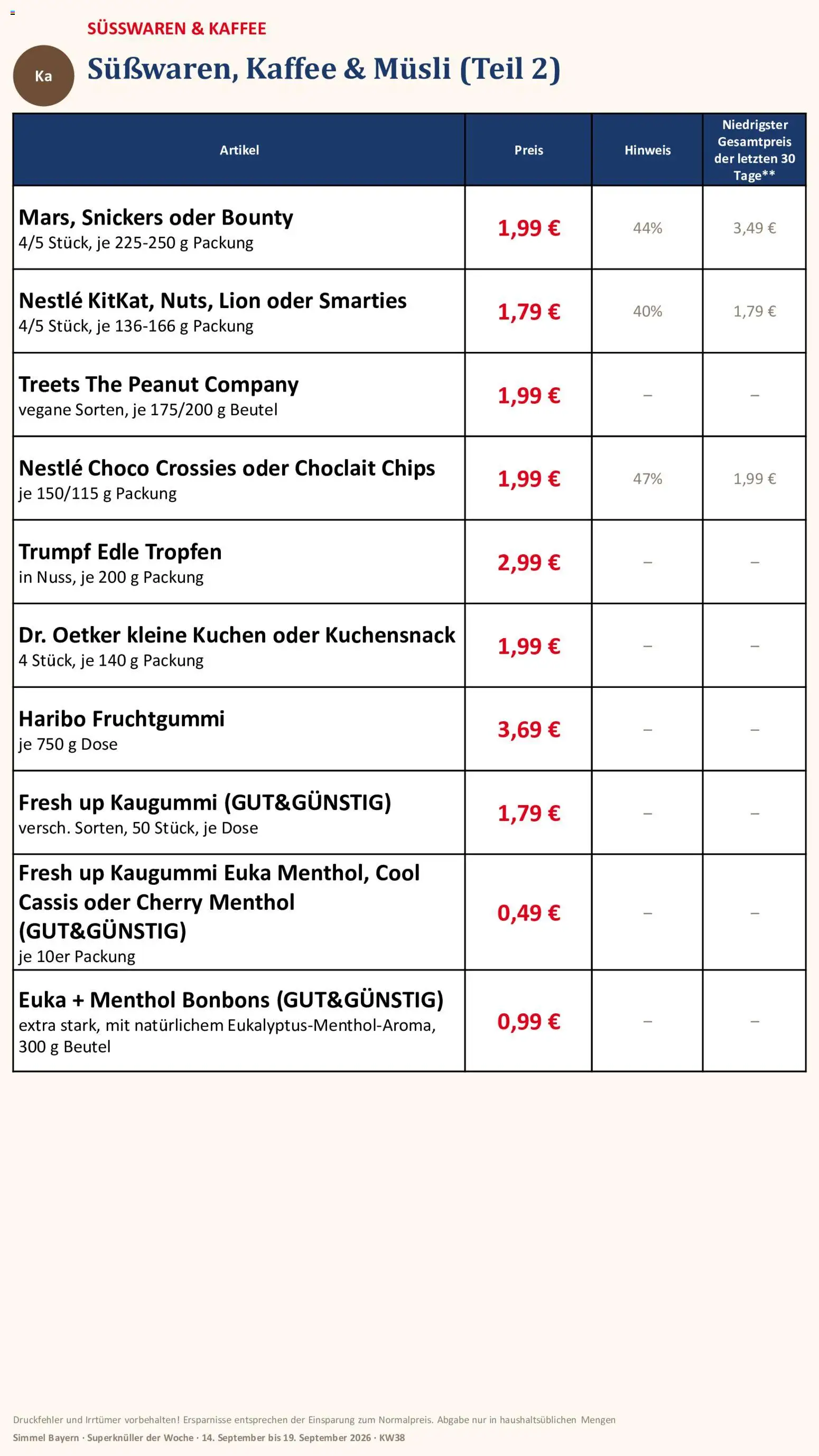 Simmel Bayern – gültig ab 14.09.2026 | Seite: 10 | Produkte: Musli, Smarties, Snickers, Chips