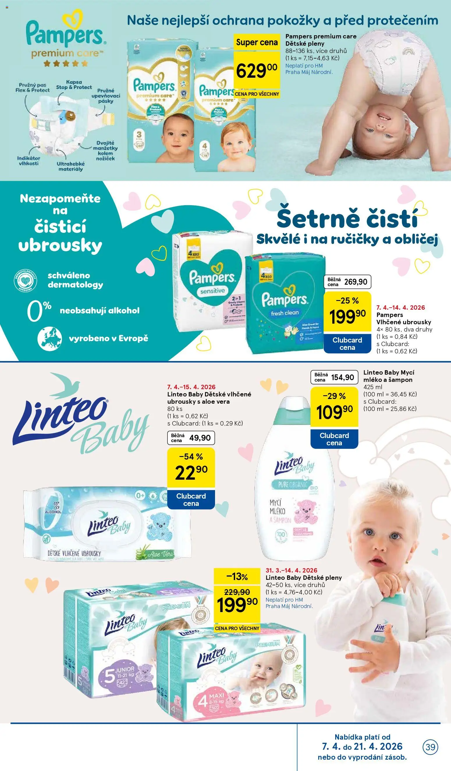 Tesco leták - Hypermarket od 07.04.2026 | Strana: 39 | Produkty: Vlhčené ubrousky, Mléko, Pampers, Aloe vera