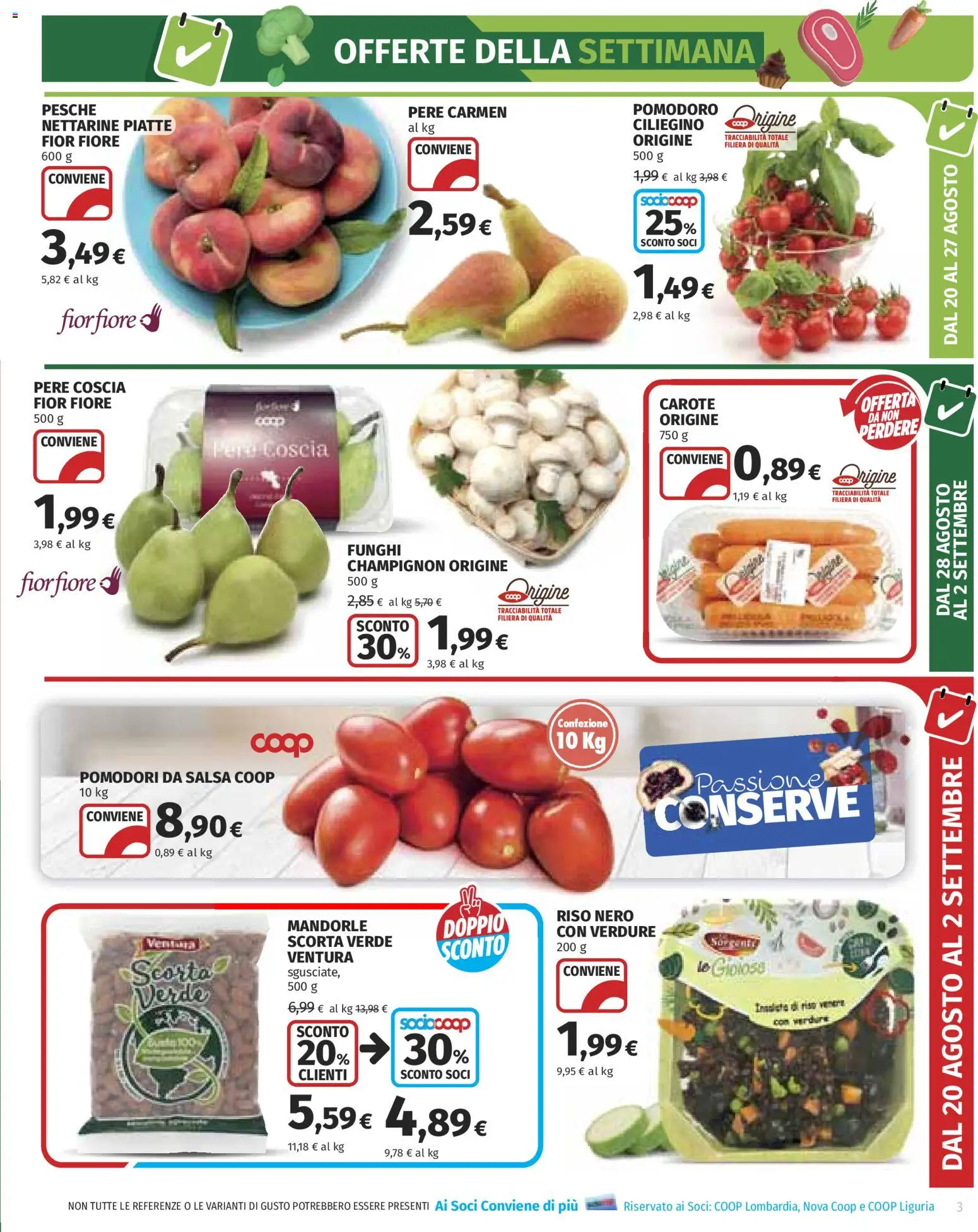Volantino COOP del 20/08/2026 | Pagina: 3 | Prodotti: Pere, Salsa, Pomodoro, Carote