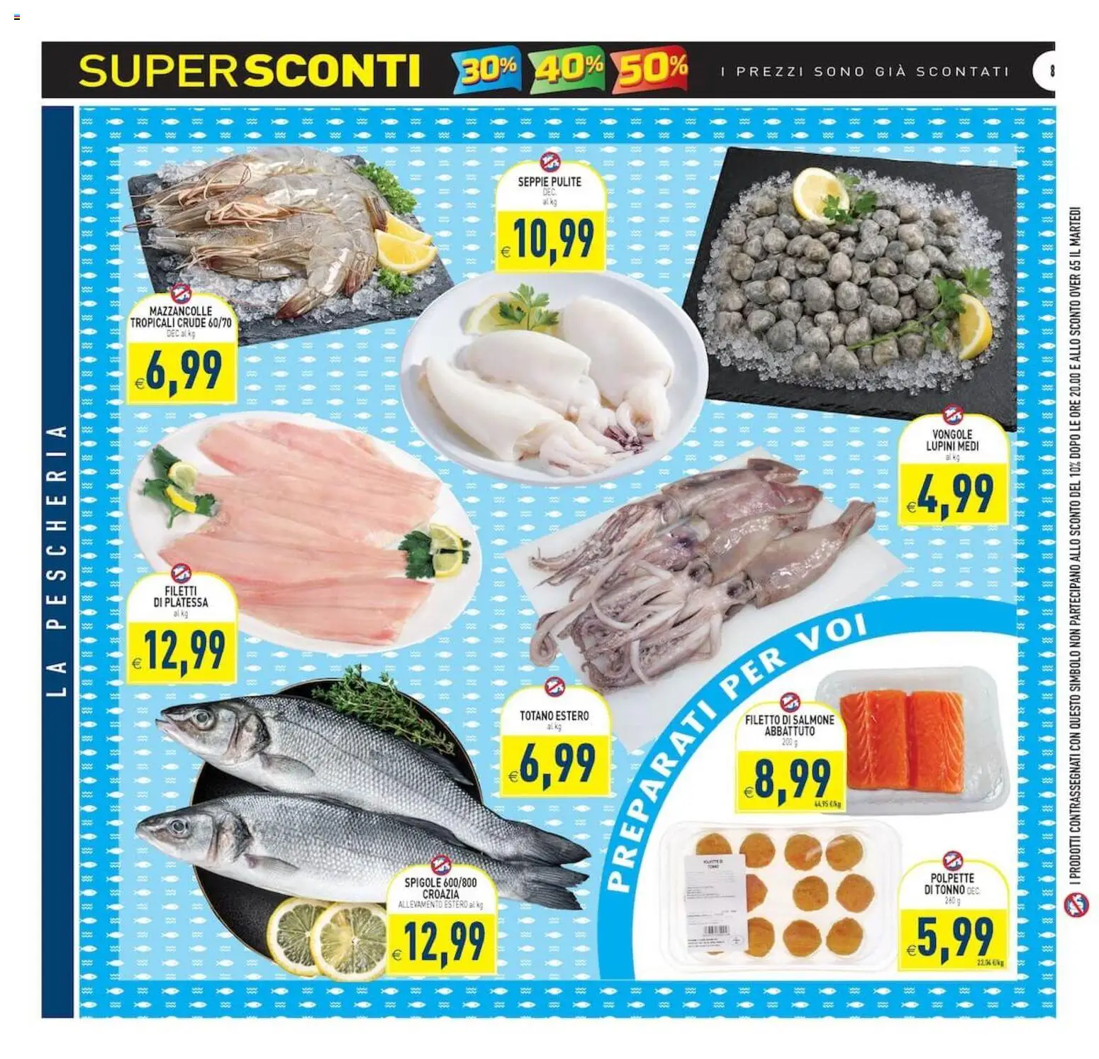 Volantino PIM Supermercati del 02/09/2026 | Pagina: 8 | Prodotti: Filetto di salmone, Vongole, Filetto, Tonno