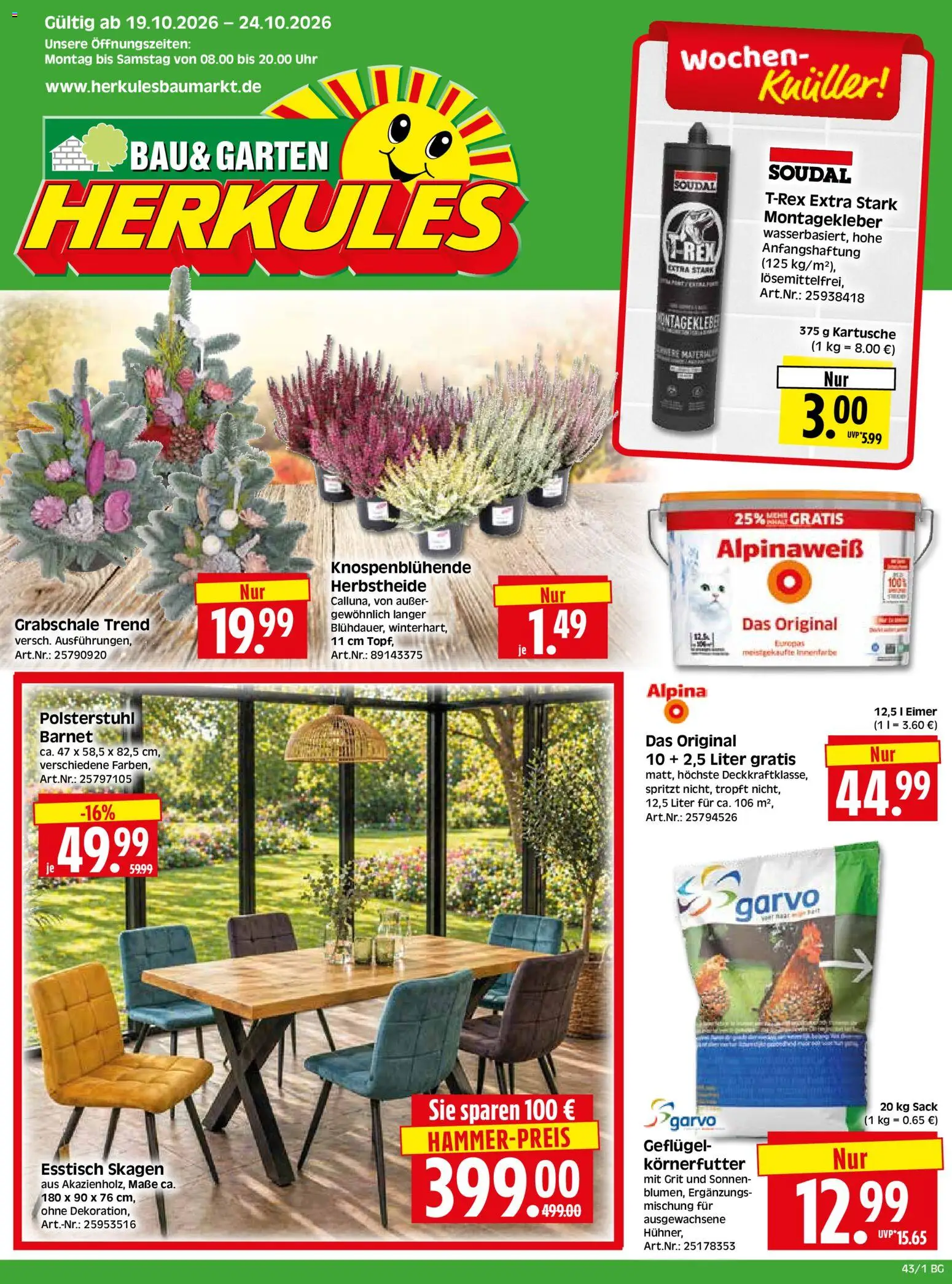 HERKULES Bau & Garten – gültig ab 19.10.2026 | Seite: 1 | Produkte: Esstisch, Uhr