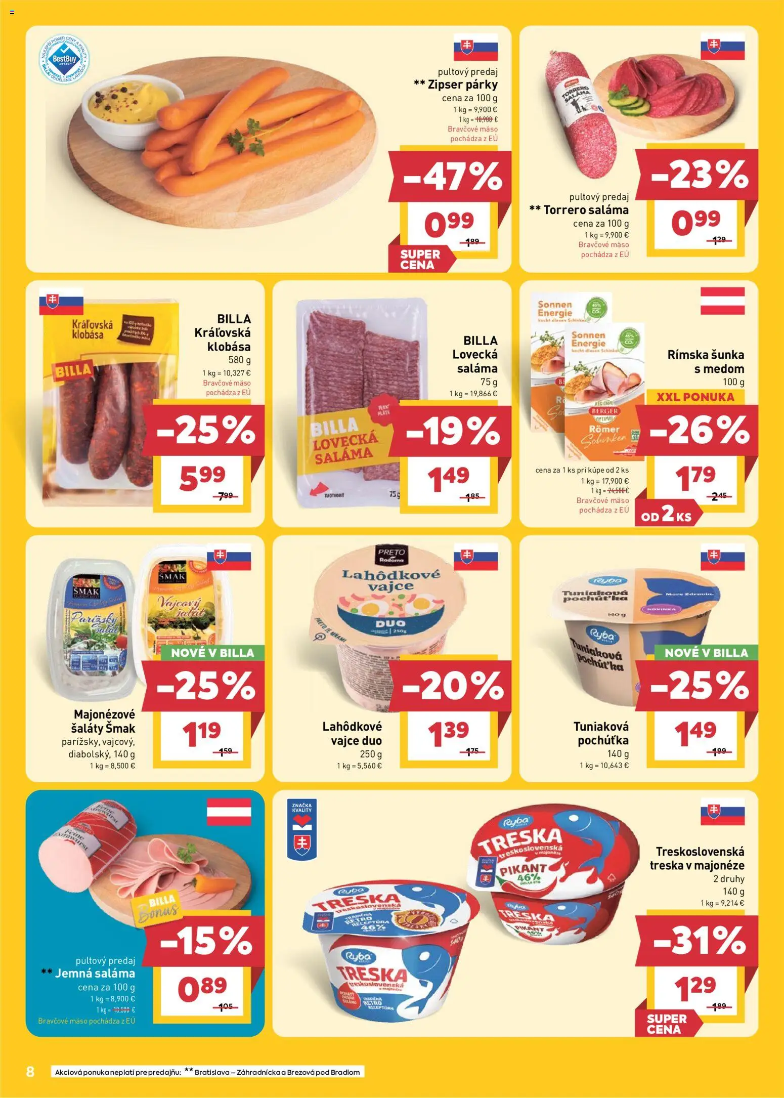 Nové Billa akcie – leták je platný od 06.05.2026 | Strana: 8 | Produkty: Šunka, Ryba, Bravčové mäso, Treska