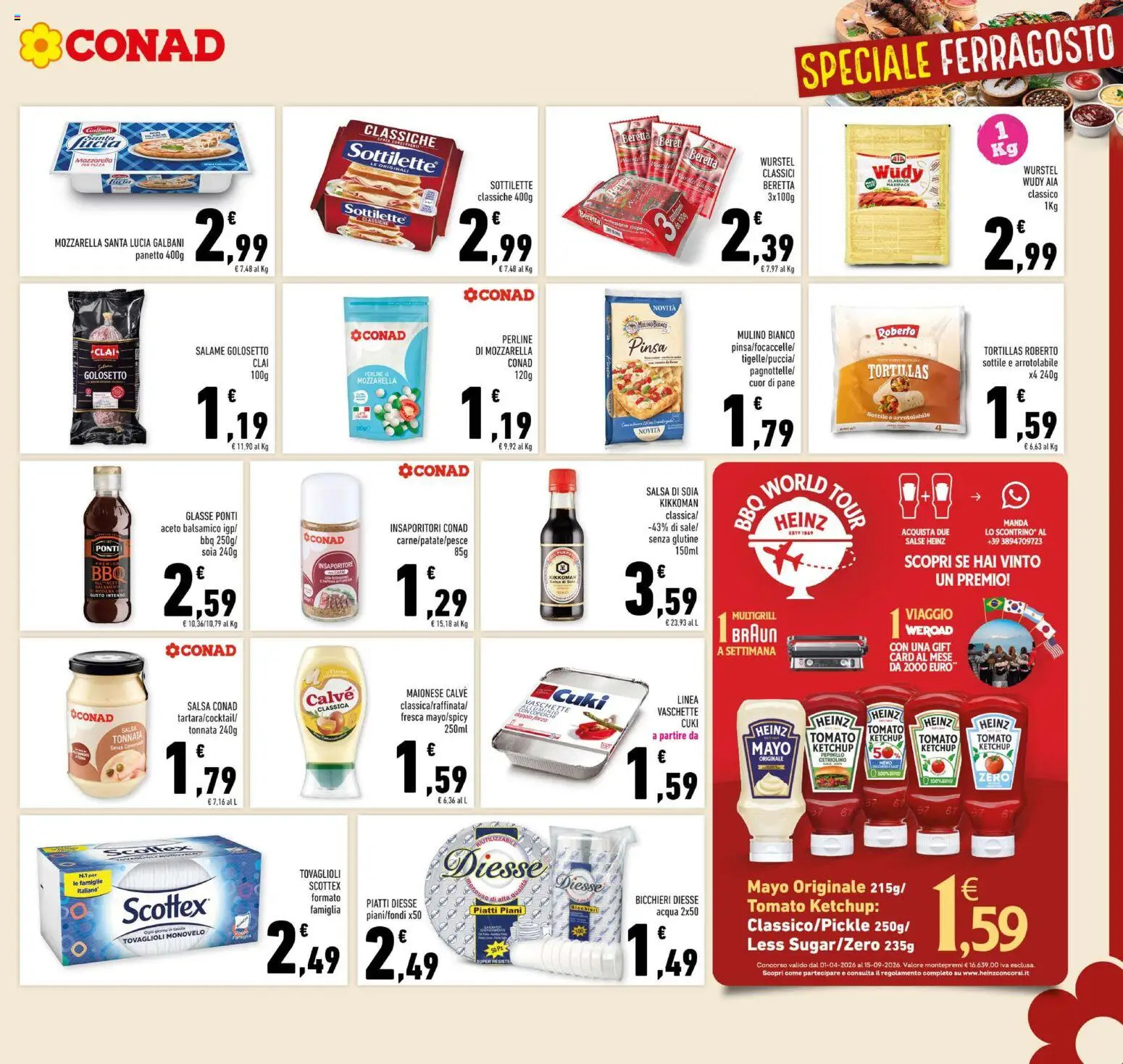 Volantino Conad del 10/08/2026 | Pagina: 9 | Prodotti: Piatti, Acqua, Tortillas, Mozzarella santa lucia