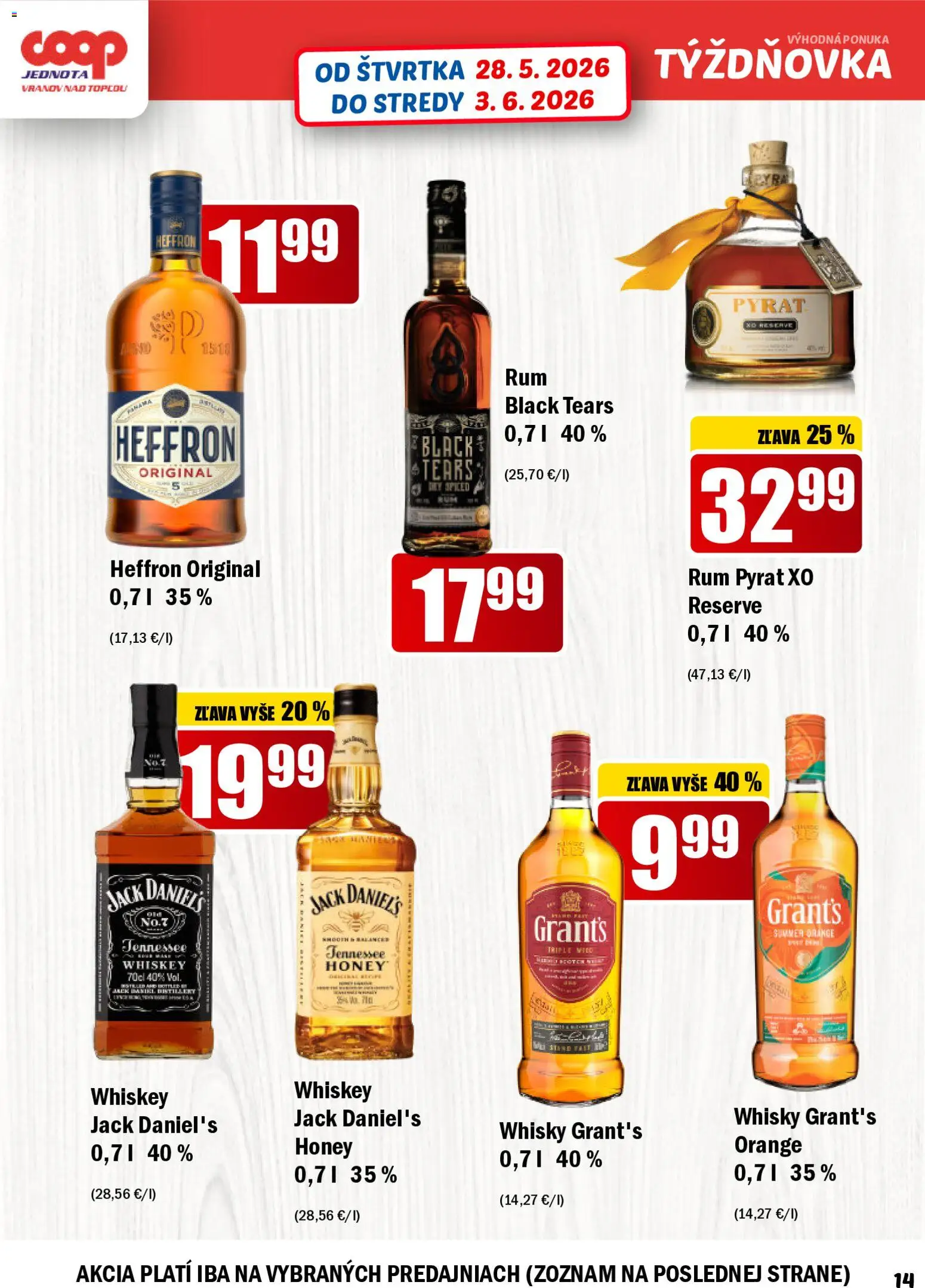 Nové COOP Jednota akcie – leták je platný od 28.05.2026 | Strana: 14 | Produkty: Whisky, Rum, Jack Daniel's