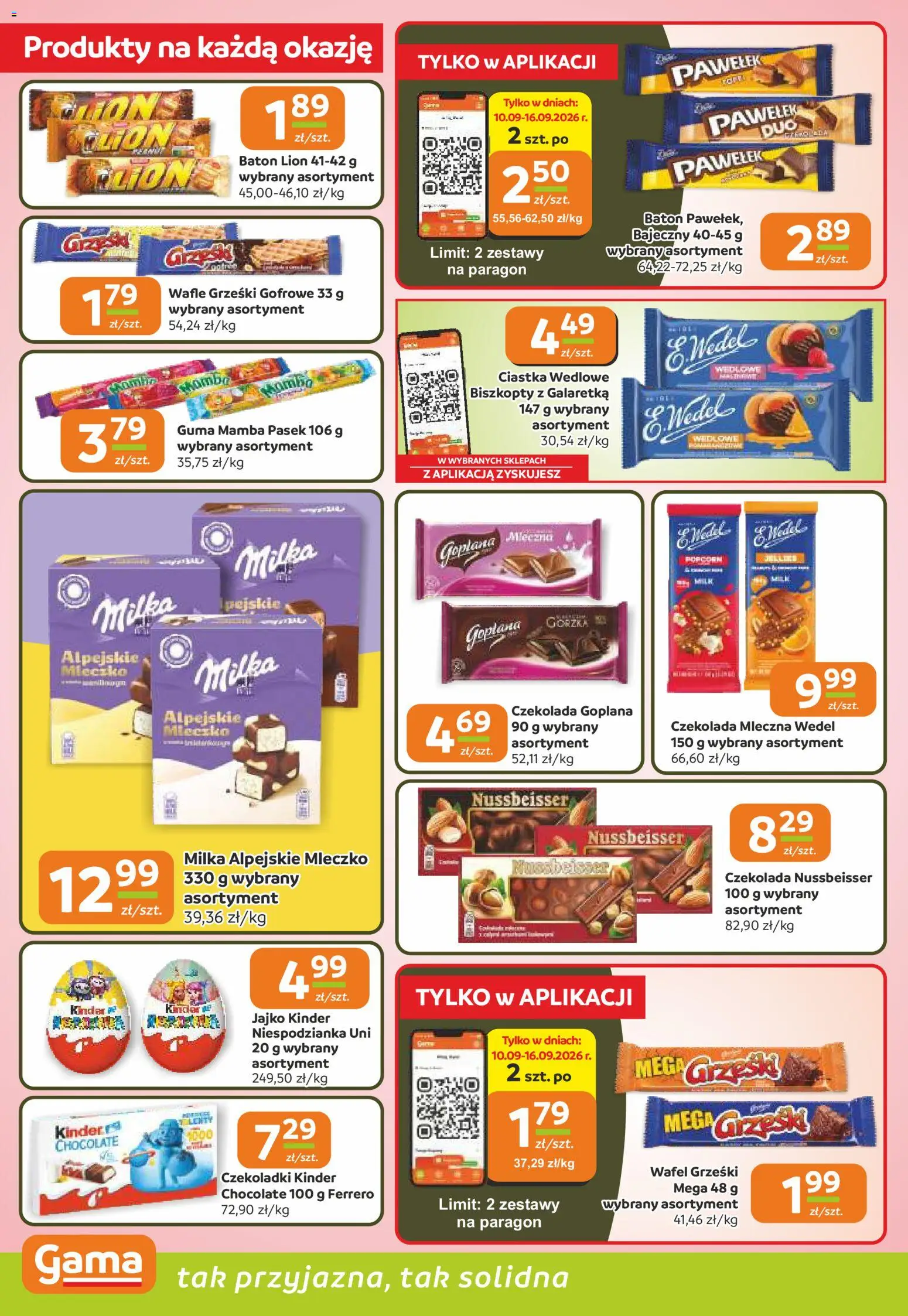 Gama gazetka od 10.09.2026 | Strona: 4 | Produkty: Czekoladki, Galaretka, Pasek, Kinder niespodzianka