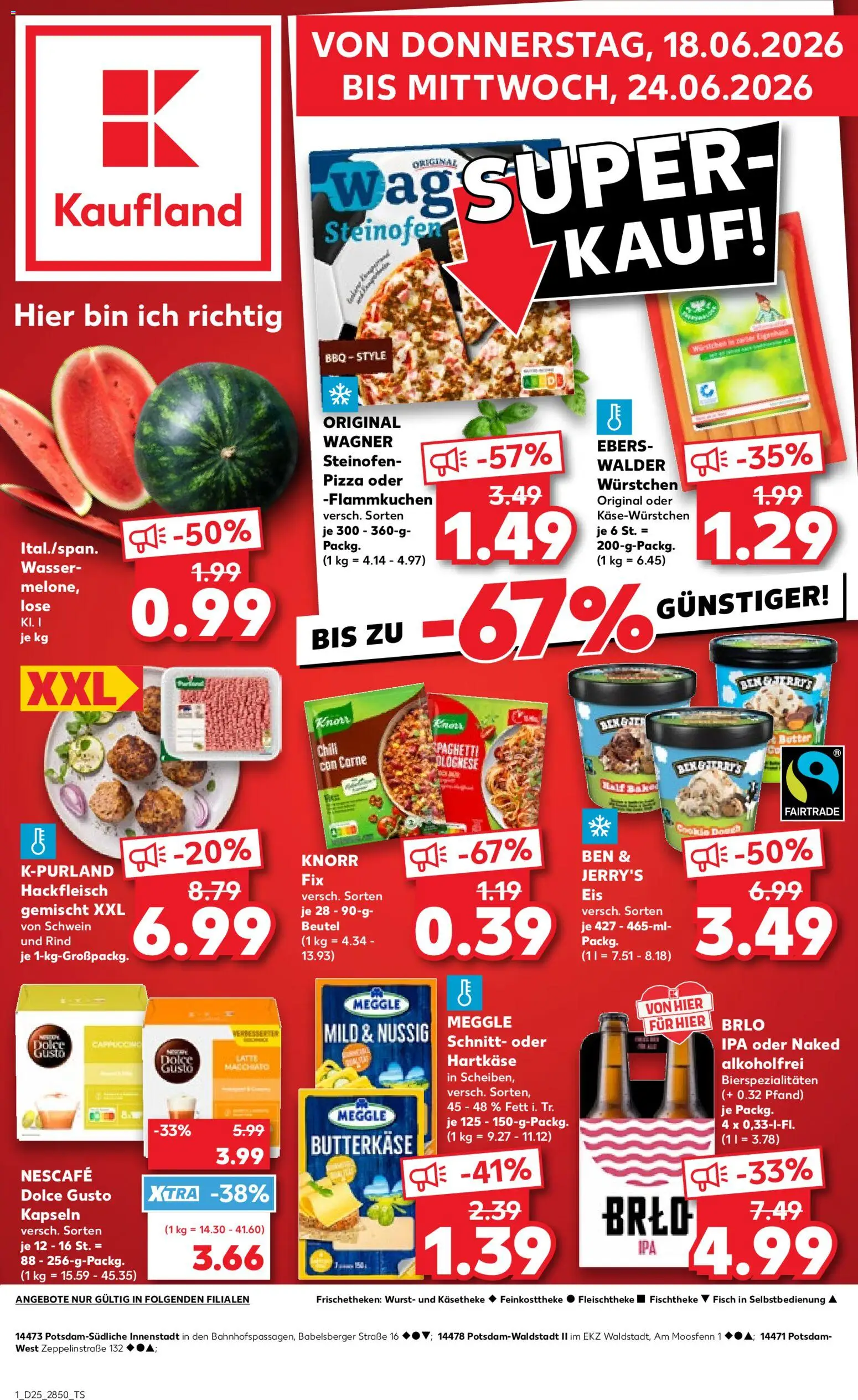 Kaufland Prospekt Potsdam – gültig ab 18.06.2026 | Seite: 1 | Produkte: Nescafe, Wasser, Pizza, Hackfleisch