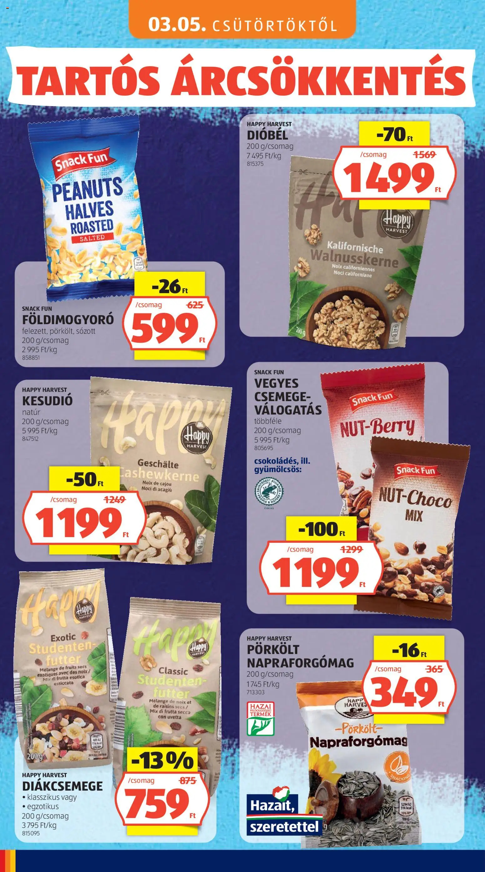 Aldi akciós ujság - amely érvényes a következő dátumtól: 03.05.2026 | Oldal: 16 | Termékek: Napraforgómag, Kesudió, Diákcsemege, Földimogyoró